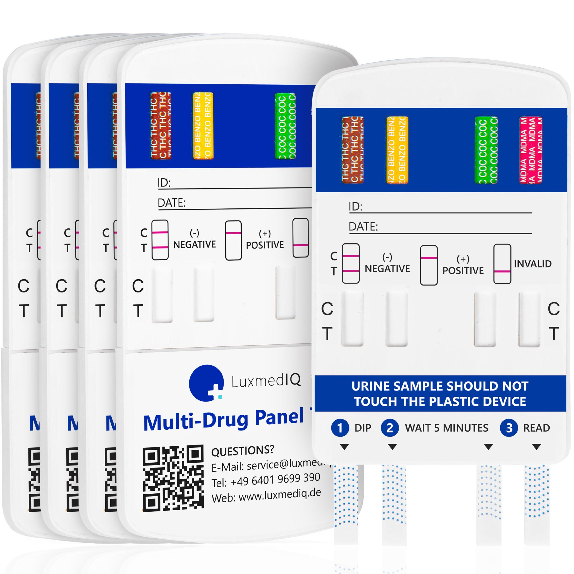 Mehrere Drogentest-Kassetten nebeneinander. Text: LuxmedIQ Multi-Drug Panel Test. Mit Ergebnisfenstern und Teststreifen.