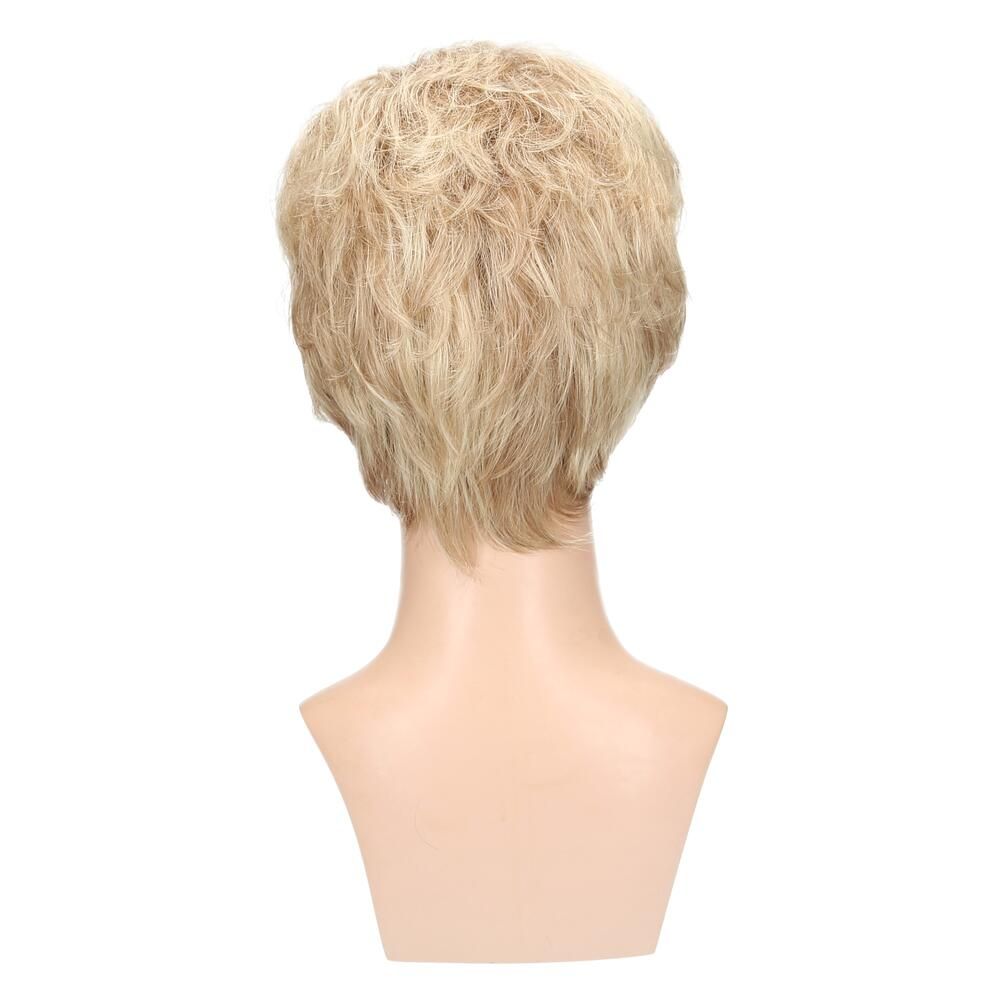 Blonde Perücke auf einem Schaufensterkopf. Kurzer, gestufter Schnitt. Rückansicht.