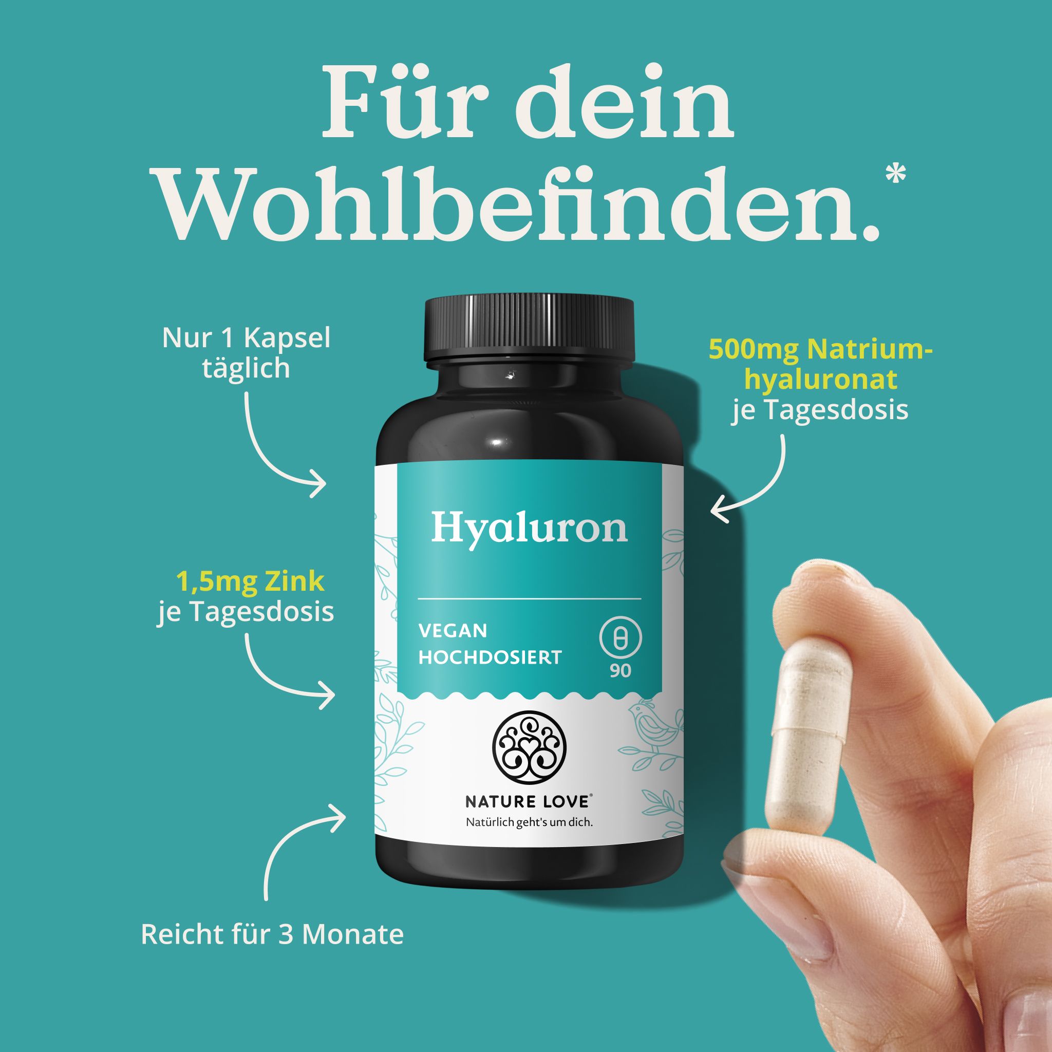Flasche mit Hyaluron-Kapseln, eine Kapsel in der Hand. Text: Für dein Wohlbefinden. 500mg Natriumhyaluronat.
