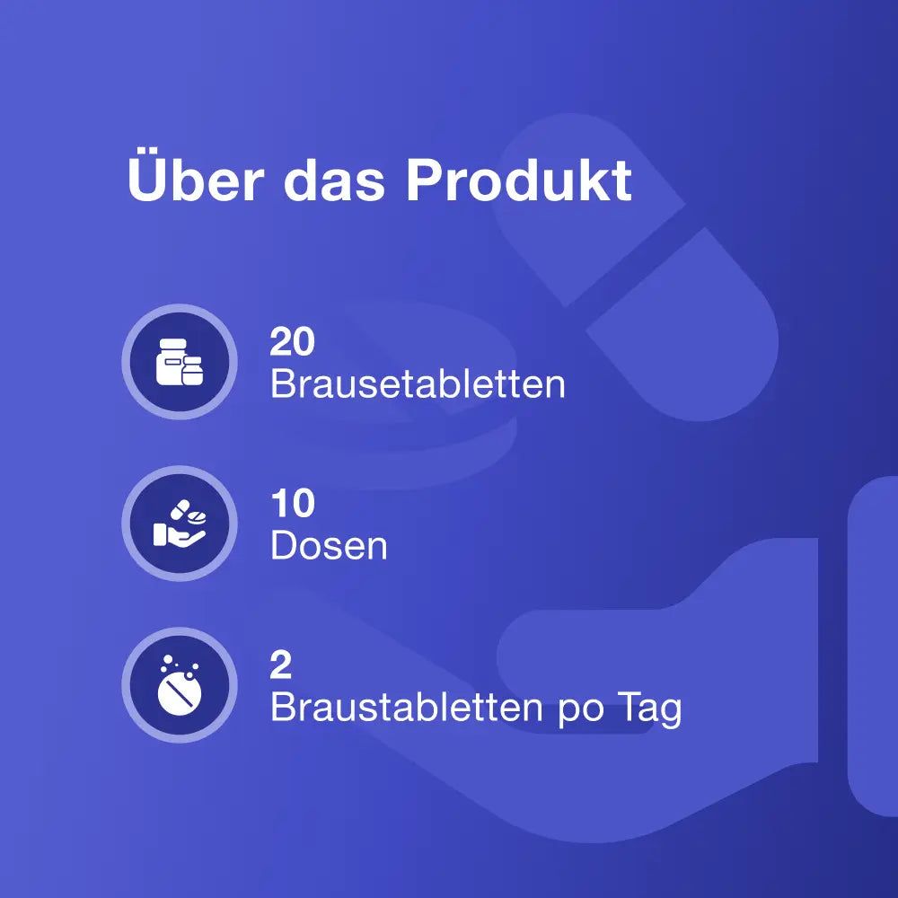 Infografik: 20 Brausetabletten, 10 Dosen, 2 Brausetabletten pro Tag. Blaue Oberfläche.
