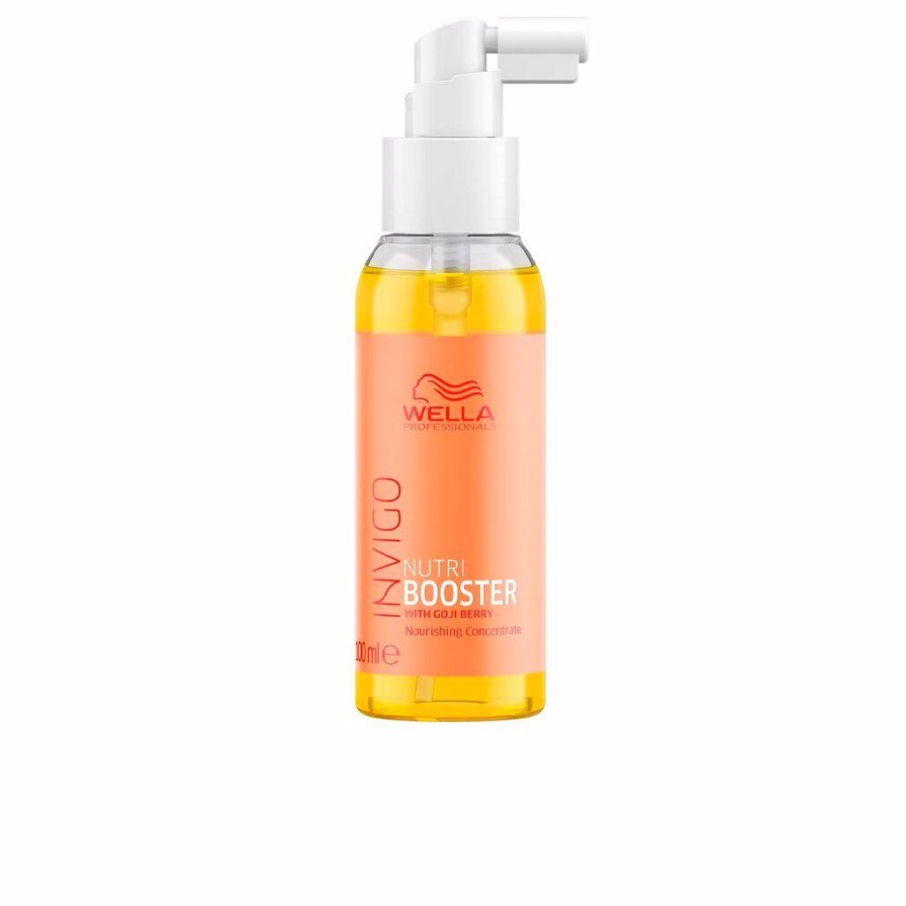 Flasche mit orangefarbenem Etikett. Aufschrift: Invigo Nutri Booster. Mit Goji-Beere. Mit Dosierspender.