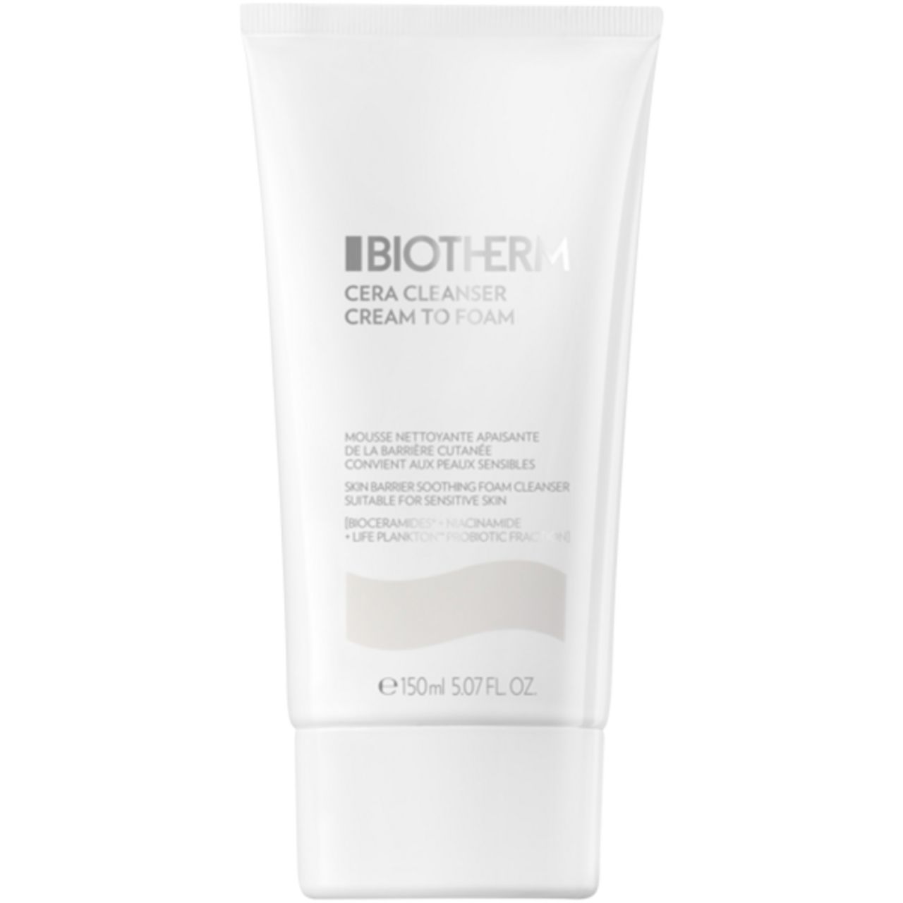 Weiße Tube mit BIOTHERM Cera Cleanser Cream to Foam. Text und Logo in Grau. 150ml.