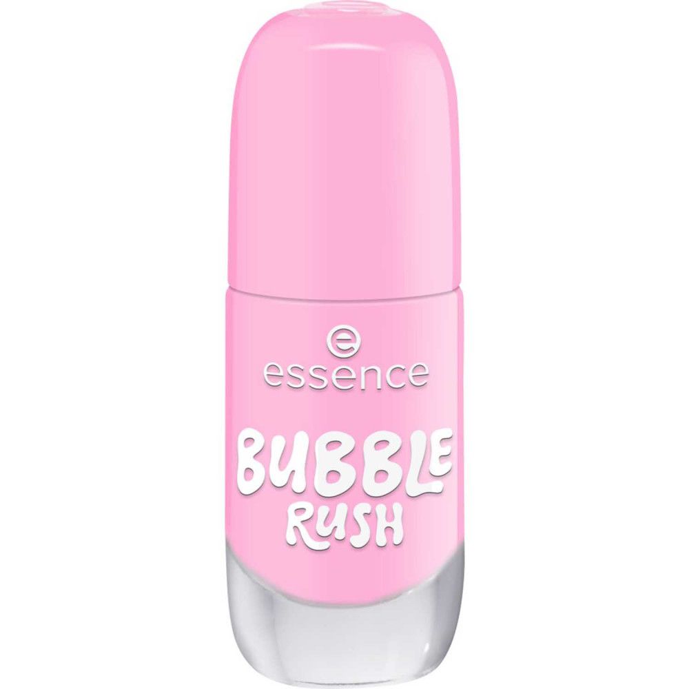 Rosa Nagellackflasche mit geschlossenem Deckel. Auf der Flasche steht "essence BUBBLE RUSH".