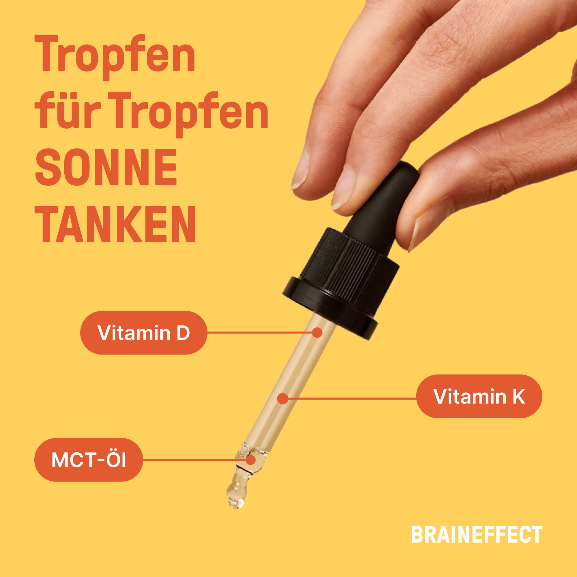 Tropfer mit Flüssigkeit, beschriftet mit Vitamin D, Vitamin K und MCT-Öl. Text: Tropfen für Tropfen Sonne tanken. Marke: BRAINEFFECT.
