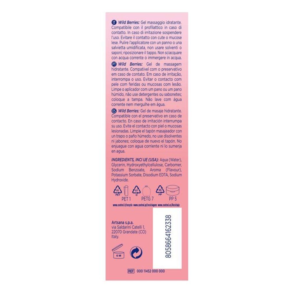 Control Massagegel Wild Berries, 200ml Flasche mit Erdbeer-Motiv.