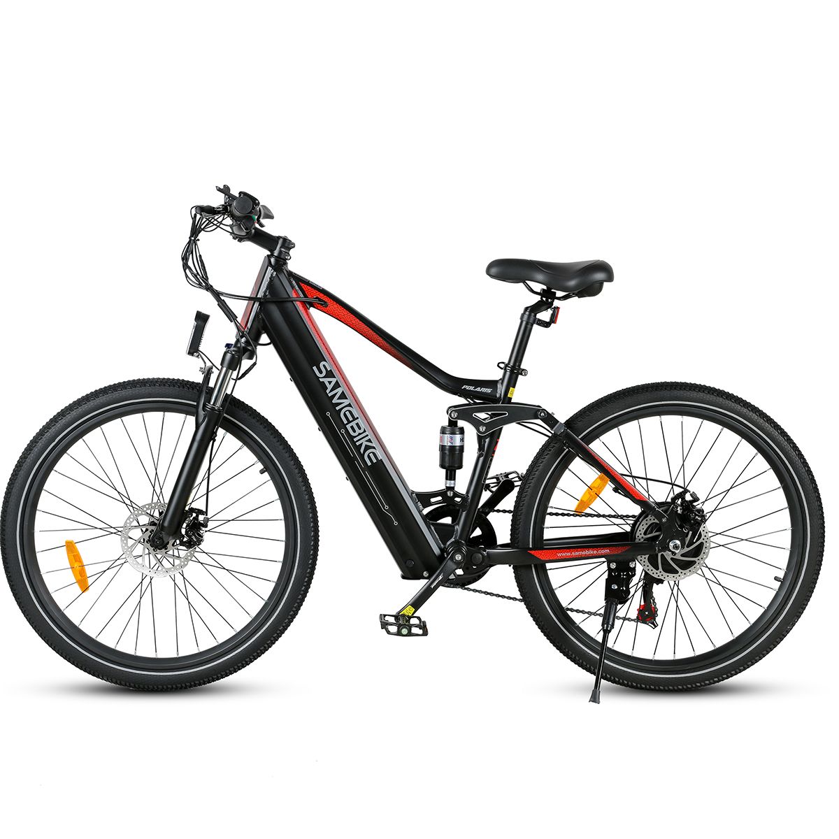 Schwarzes E-Bike mit roten Akzenten. Marke SAMEBIKE. Seitenansicht, Ständer.