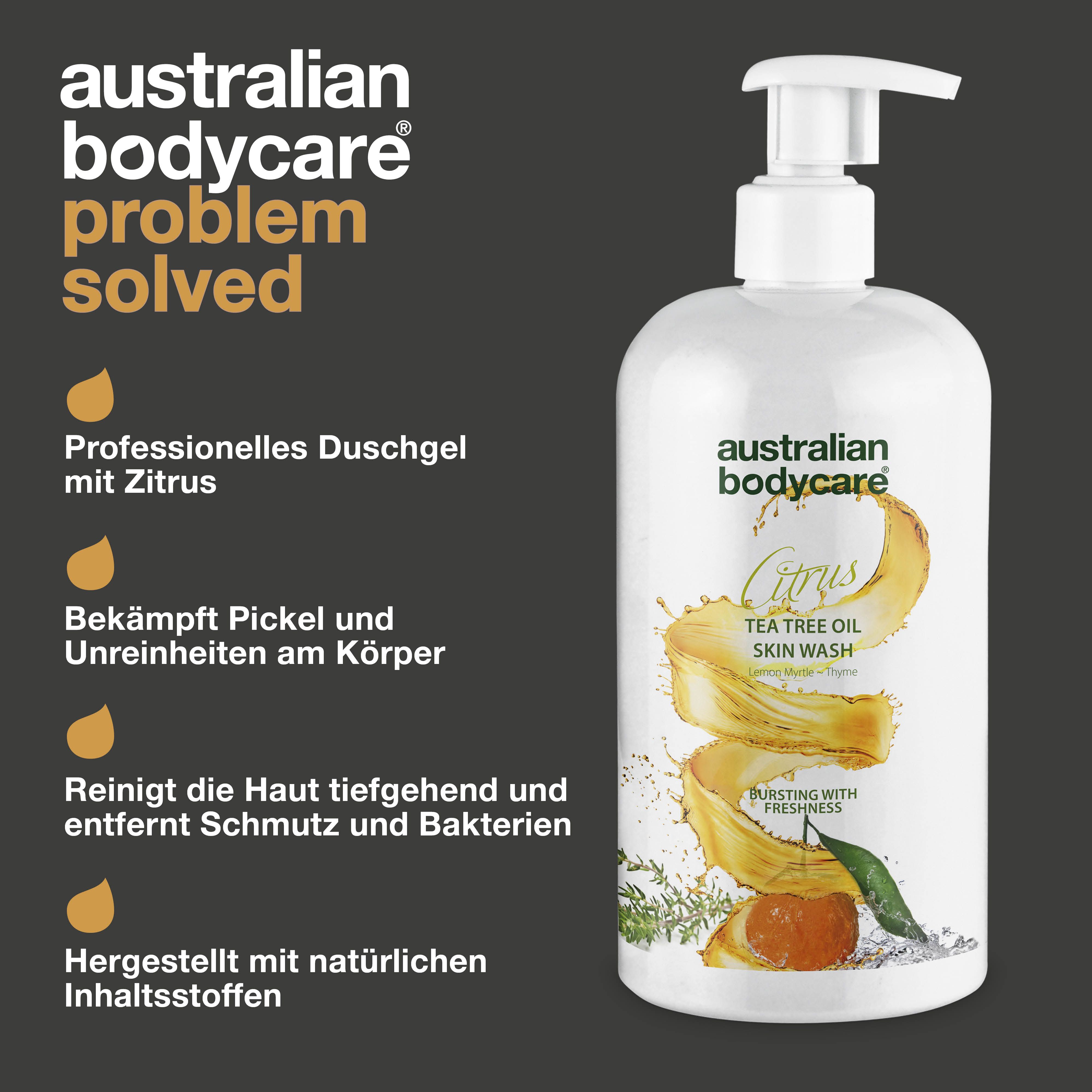 Flasche mit Pumpe. Text: Australian Bodycare Citrus Tea Tree Oil Skin Wash. Gelbe Tropfen.