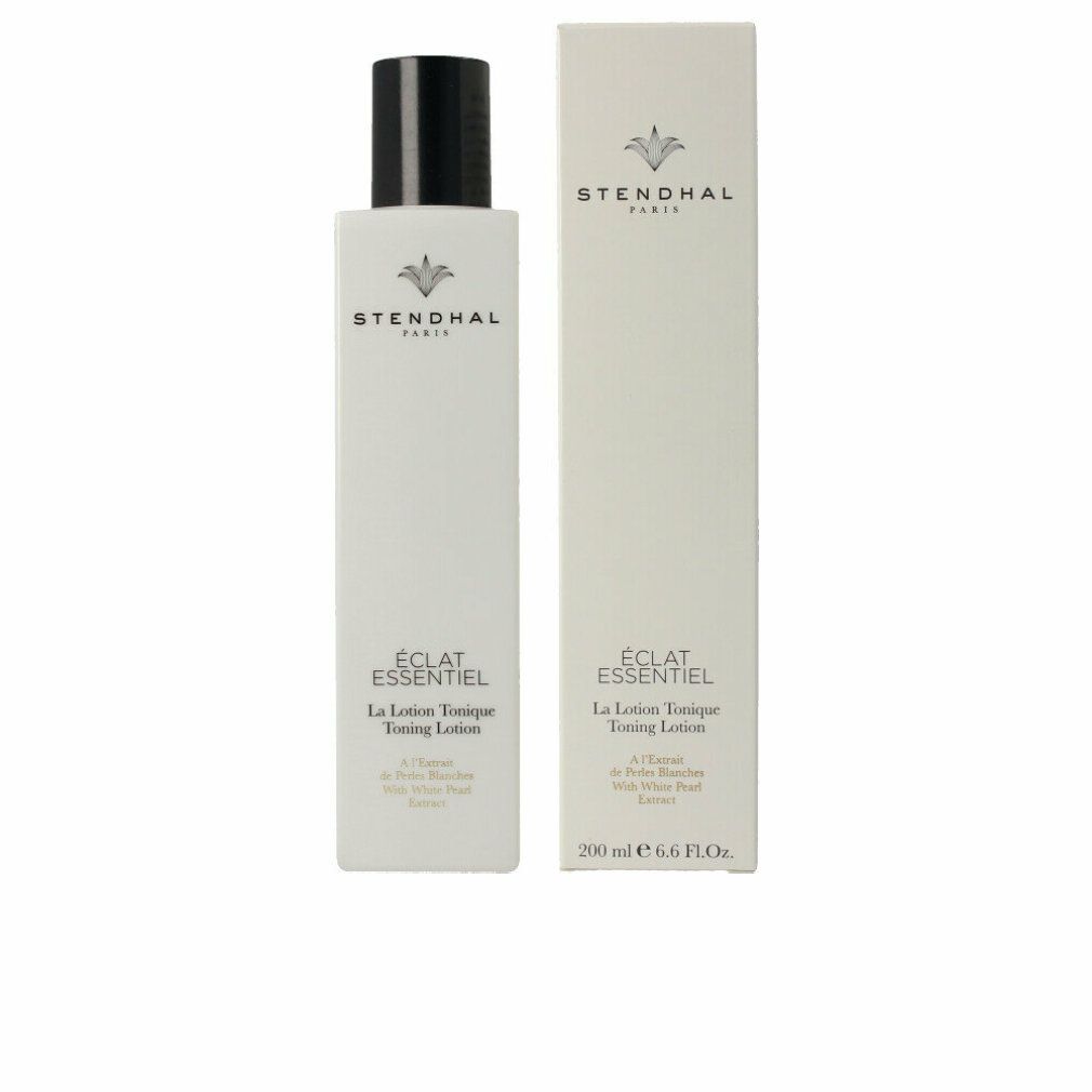 Weiße Flasche und Verpackung. Aufschrift: Stendhal Paris, Éclat Essentiel, La Lotion Tonique Toning Lotion. 200 ml.