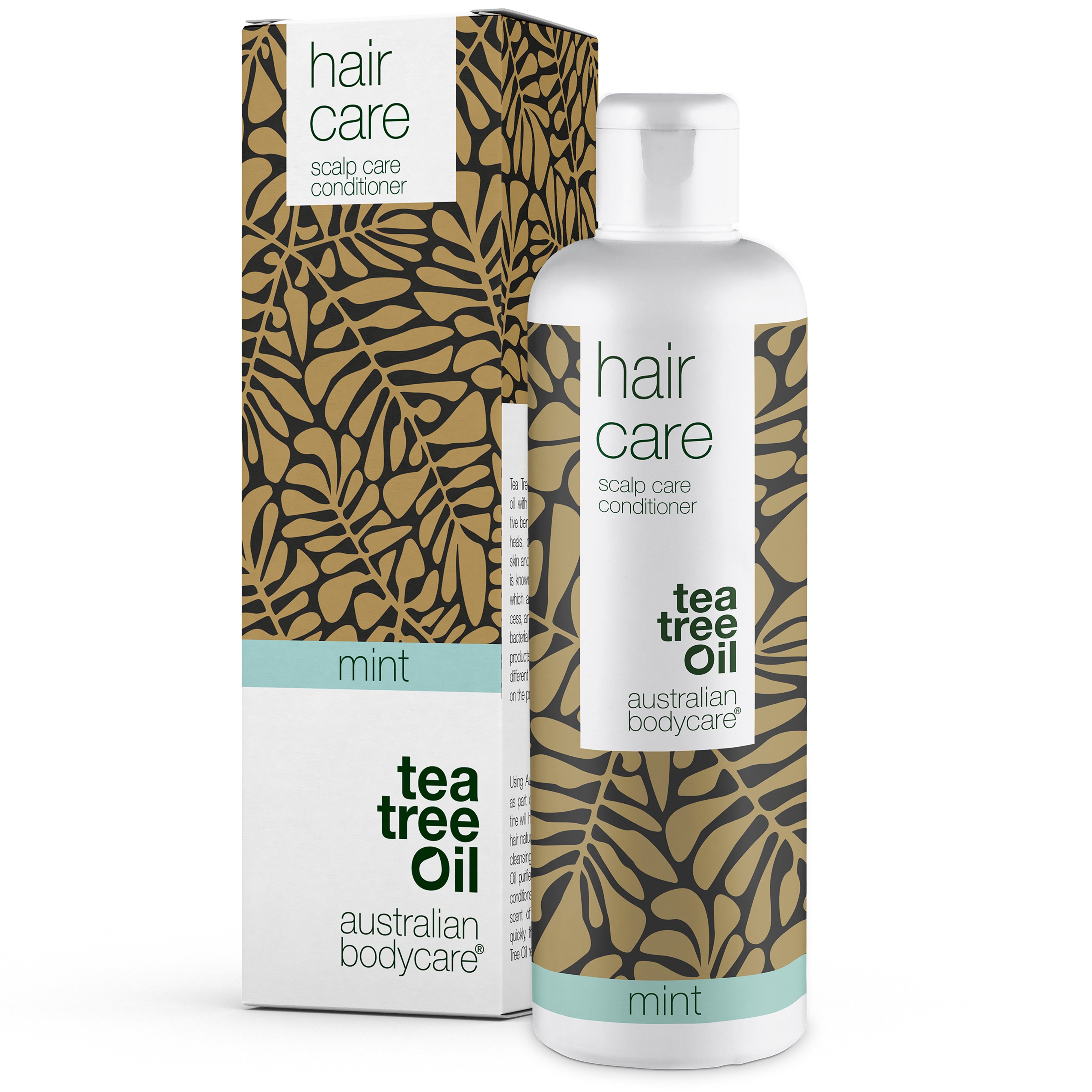 Flasche und Verpackung mit Aufschrift "hair care", "tea tree oil" und "mint".