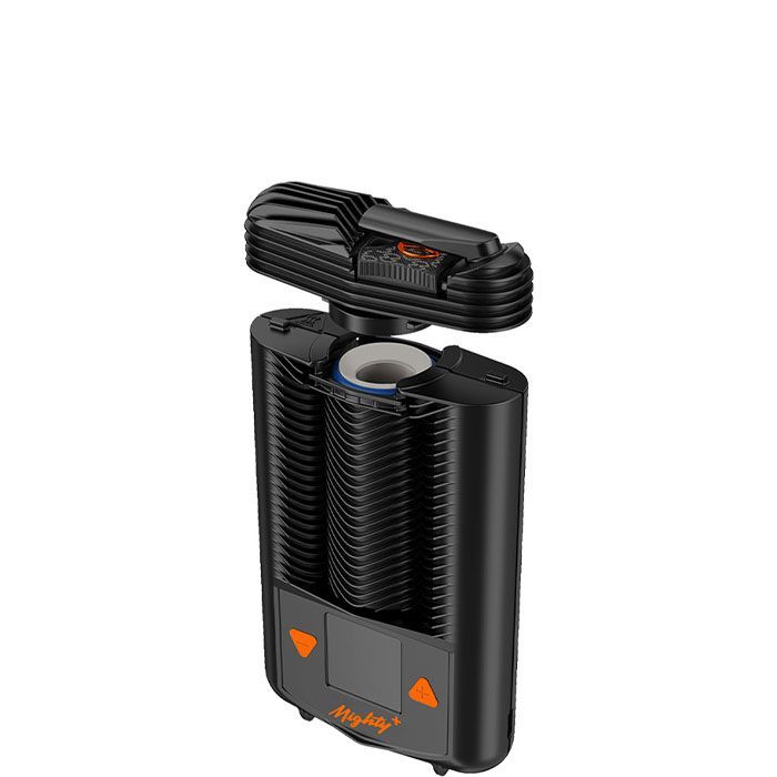 MIGHTY+ Vaporizer mit geöffnetem Kühlmodul, das die Kammer freilegt.