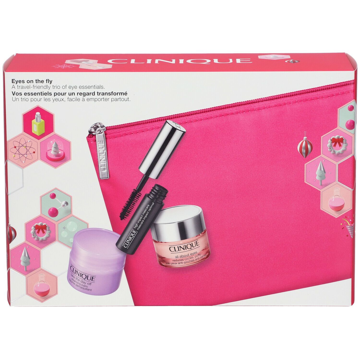 Coffret cadeau CLINIQUE Eyes on the fly. Trousse rose avec mascara, crème pour les yeux et soin des yeux. Emballage avec logo et texte.