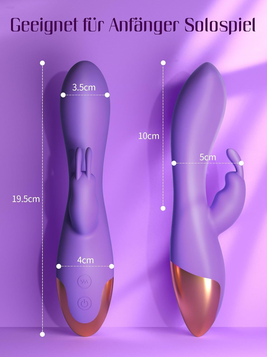 Lila Vibrator mit Hasenohren-Applikator. Maße: 19,5cm Länge, 3,5cm Breite oben, 4cm Breite unten.