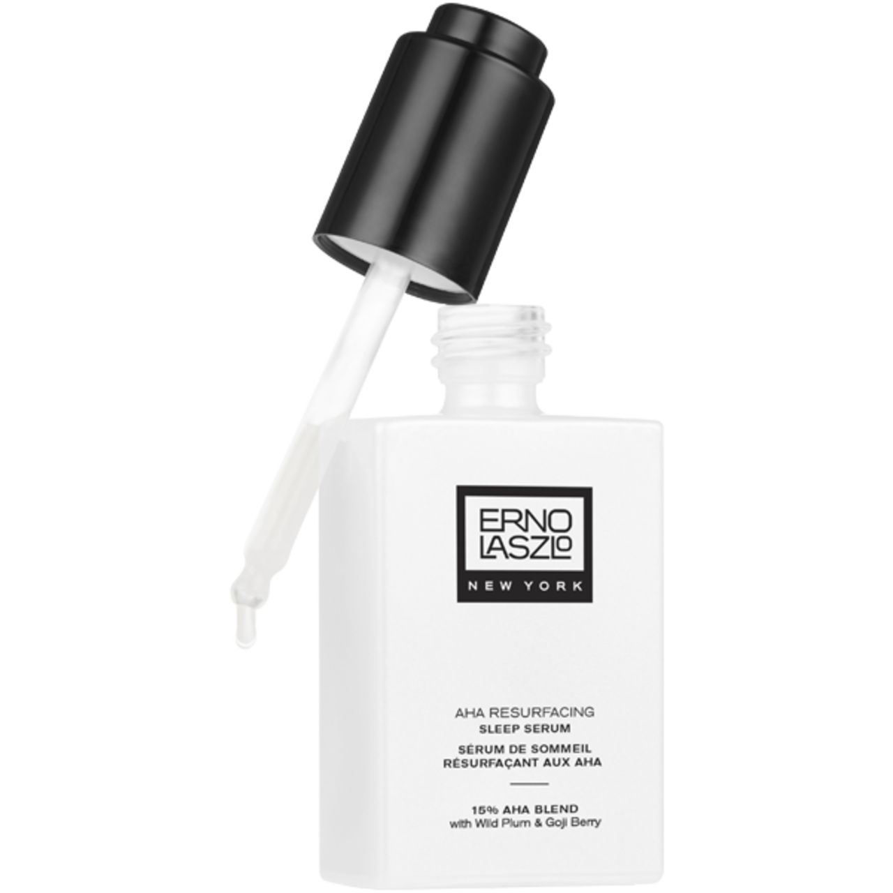 Erno Laszlo AHA Resurfacing Sleep Serum. Weiße Flasche, schwarzer Deckel mit Pipette. Text: AHA Resurfacing Sleep Serum.
