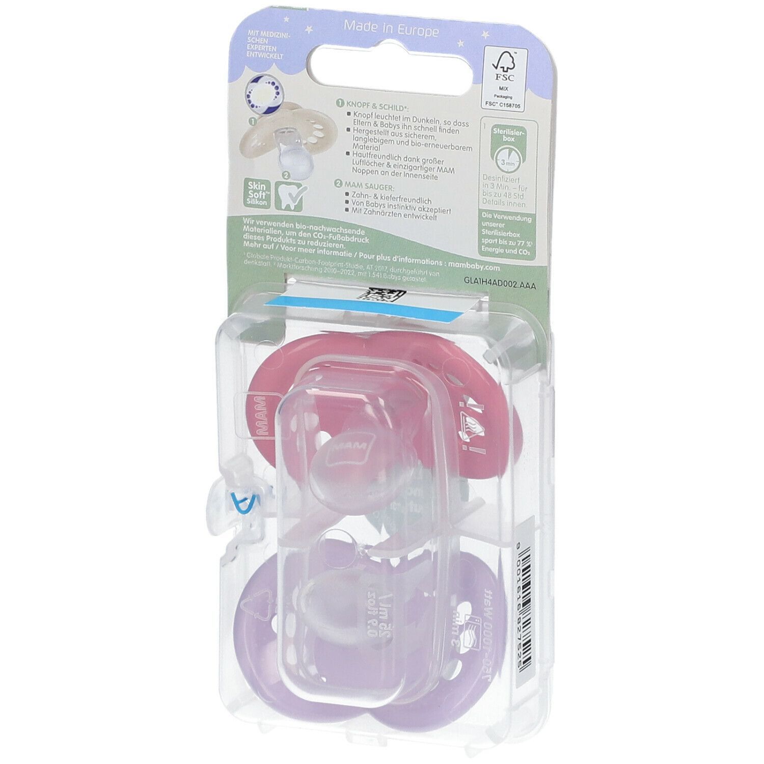 Emballage de deux sucettes MAM Original Pure Night en silicone, 16+ mois. Sucettes roses et violettes dans un emballage plastique.