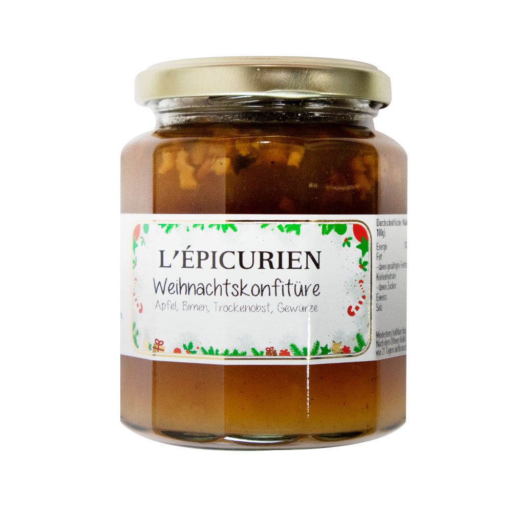 Glas mit L'Épicurien Weihnachtskonfitüre. Etikett mit Produktname und Zutaten. Goldfarbener Deckel.