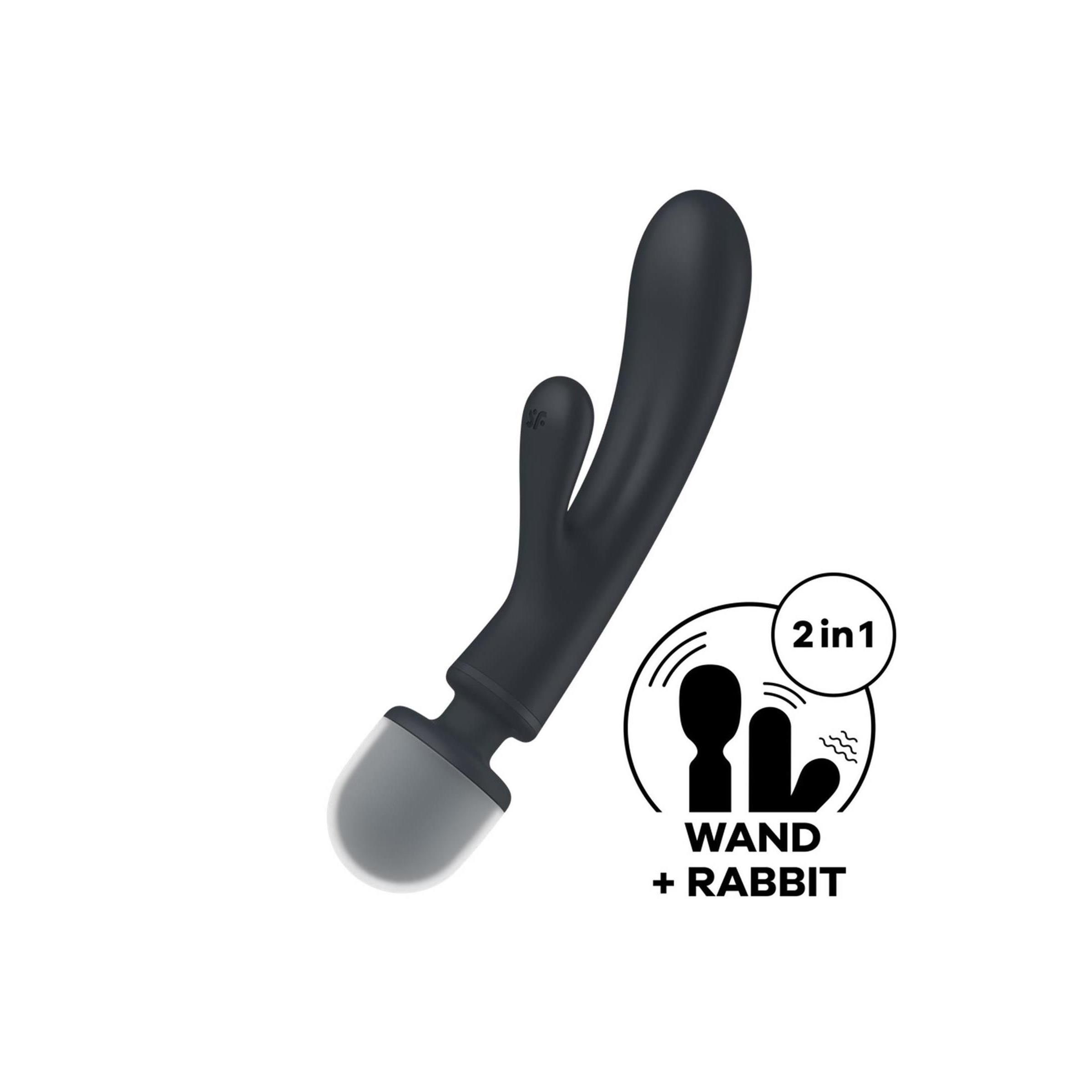 Schwarz-graues Wellness-Produkt mit gebogener Form und zusätzlichem Element. Mit 2in1-Symbol.