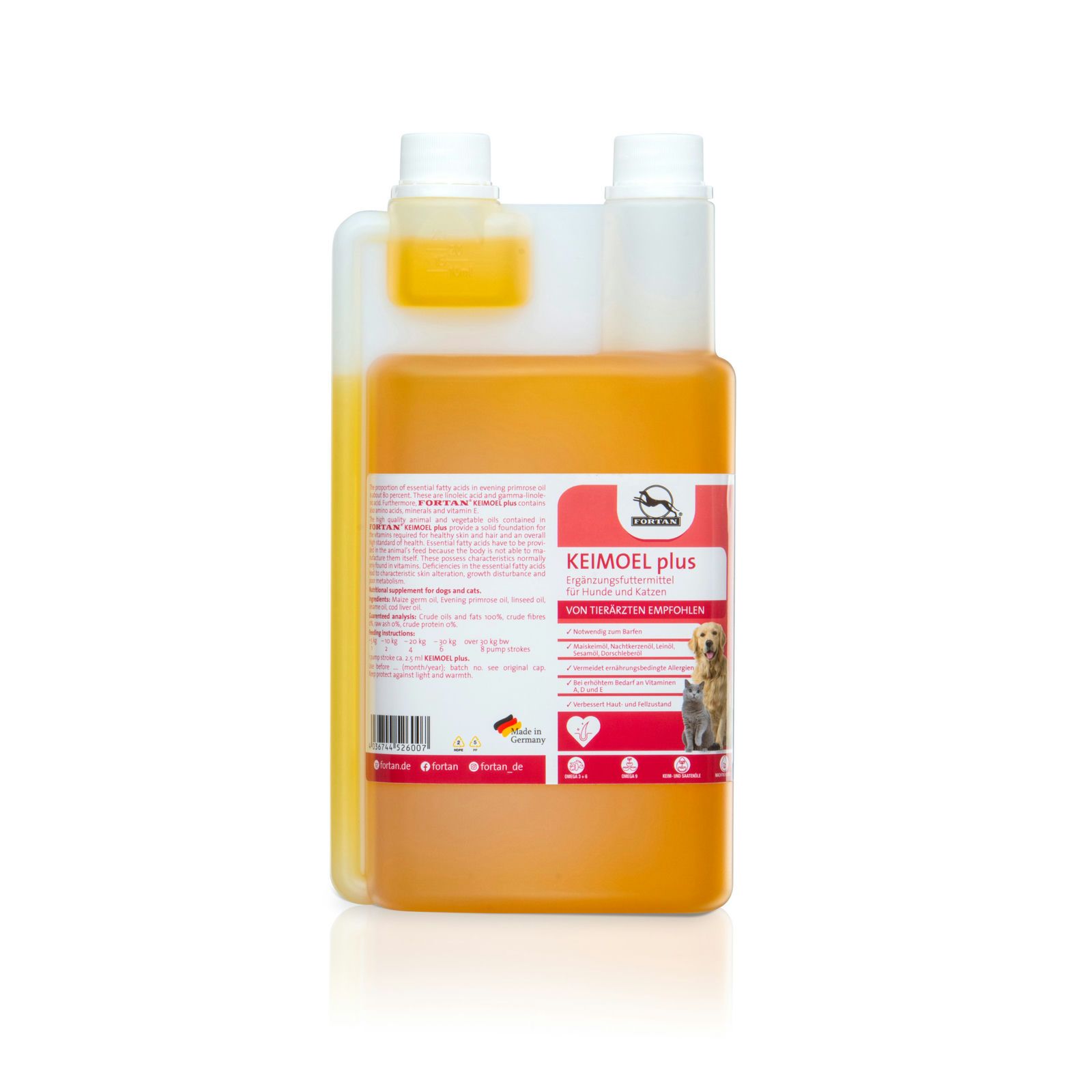 Ergänzungsfuttermittel FORTAN Keimöl plus. Flasche mit gelber Flüssigkeit und Etikett. Enthält Fettsäuren und Vitamine. Für Hunde und Katzen.