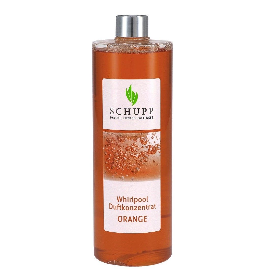 Transparente Flasche mit orangefarbener Flüssigkeit. Etikett mit Logo und Text: SCHUPP, Whirlpool Duftkonzentrat ORANGE.
