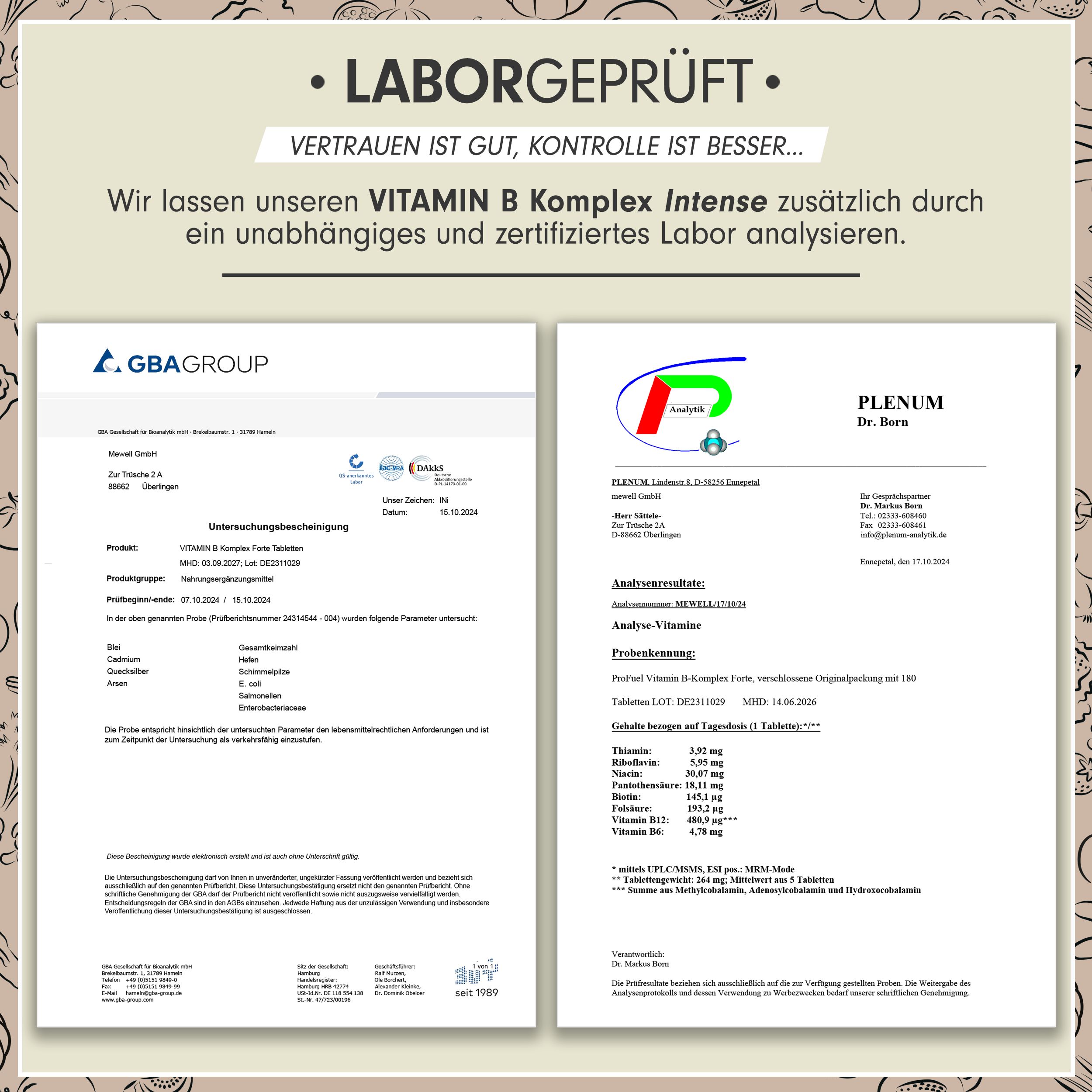 Zwei Laborberichte. Analyseergebnisse von Vitamin B Komplex Intense. Zertifizierte Dokumente mit Logos und Texten.