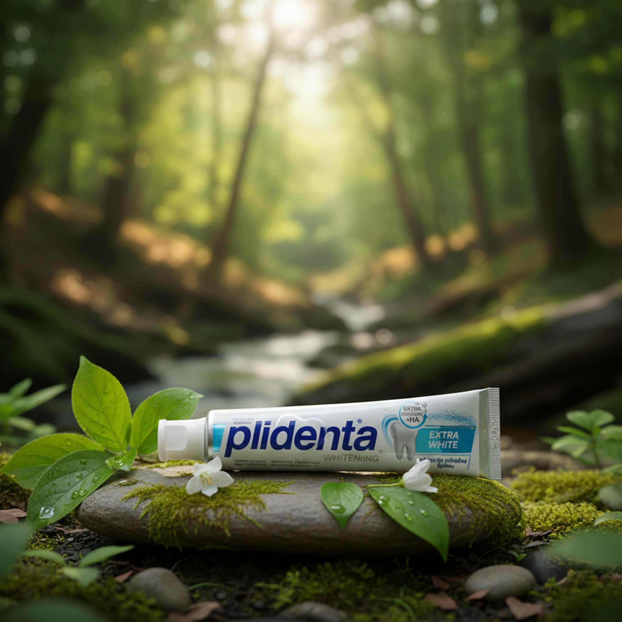 Zahnpasta-Tube auf einem Stein mit Blättern und Blumen. Aufschrift: Plidenta Extra White. Hintergrund: Wald.