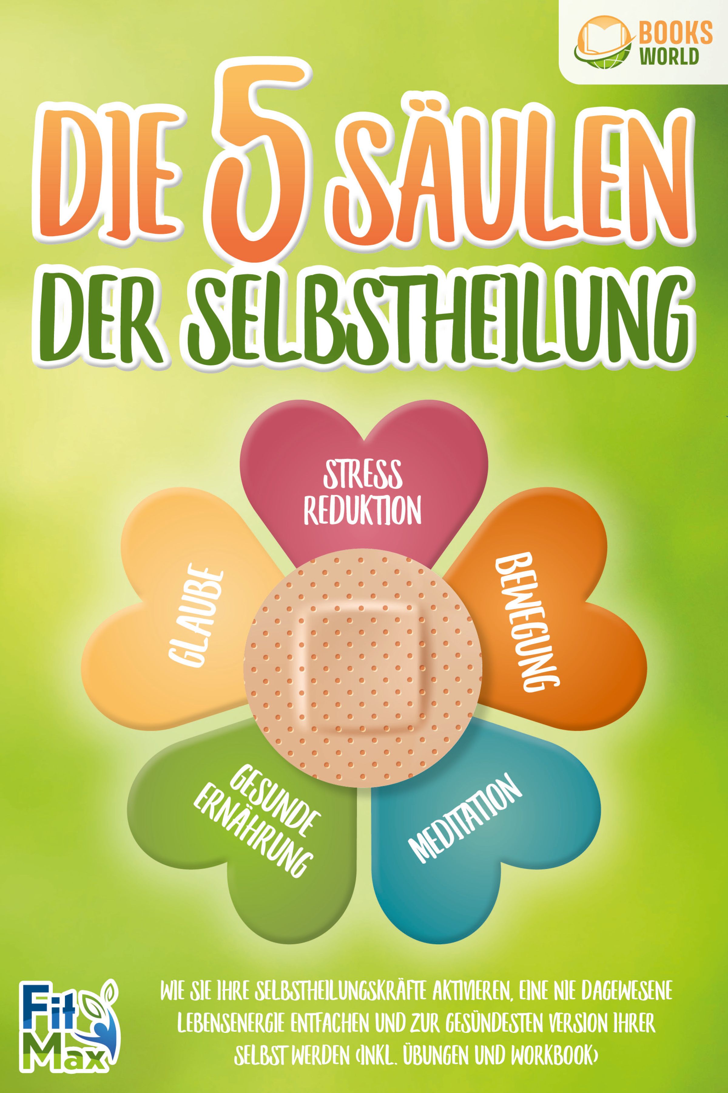 Buchcover: "Die 5 Säulen der Selbstheilung". Titel in Orange, grüne Blätter, Pflaster, Herzformen mit Begriffen.