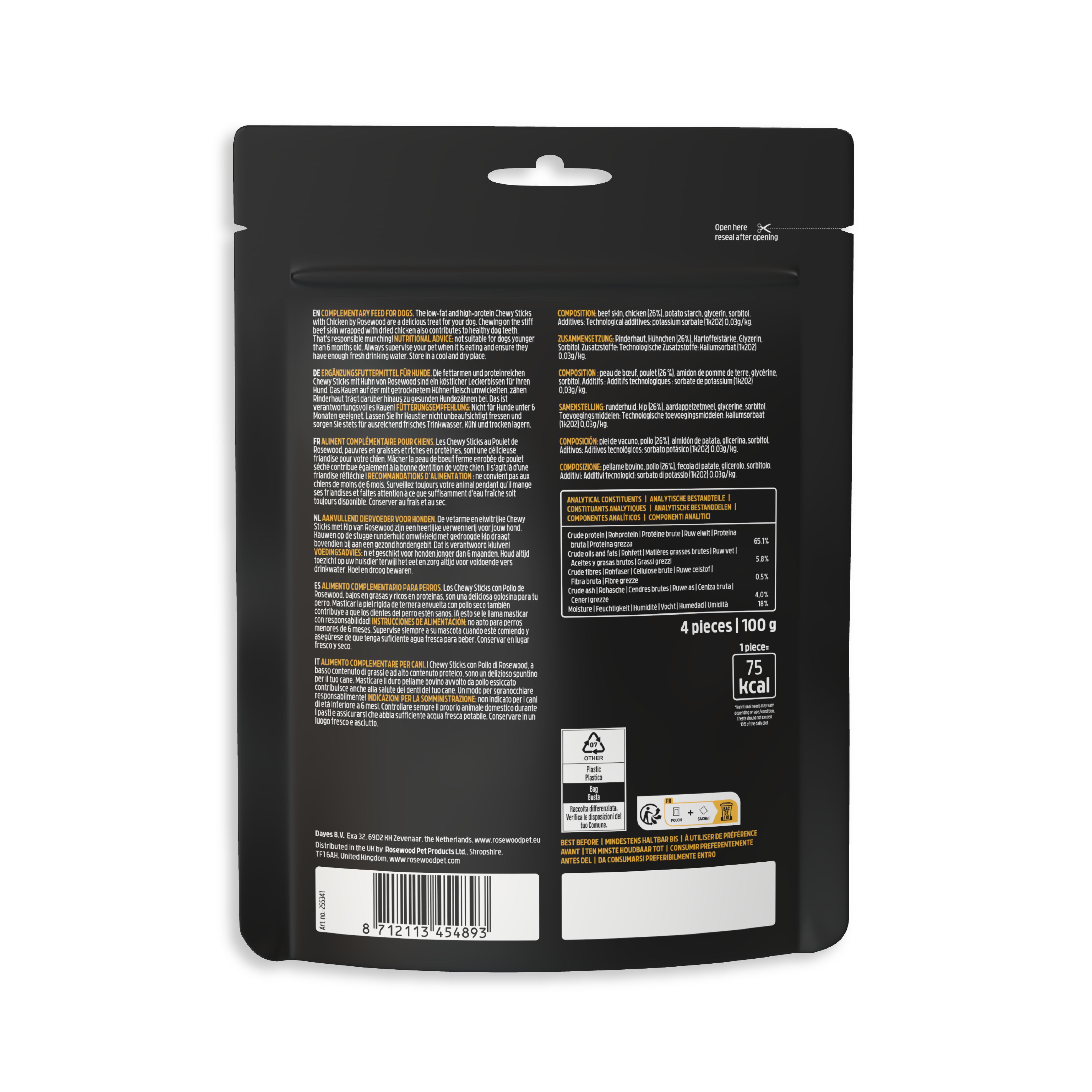 Rückseite der schwarzen Verpackung. Text in mehreren Sprachen. Nährwertangaben. 4 Stück, 100g, 75 kcal.