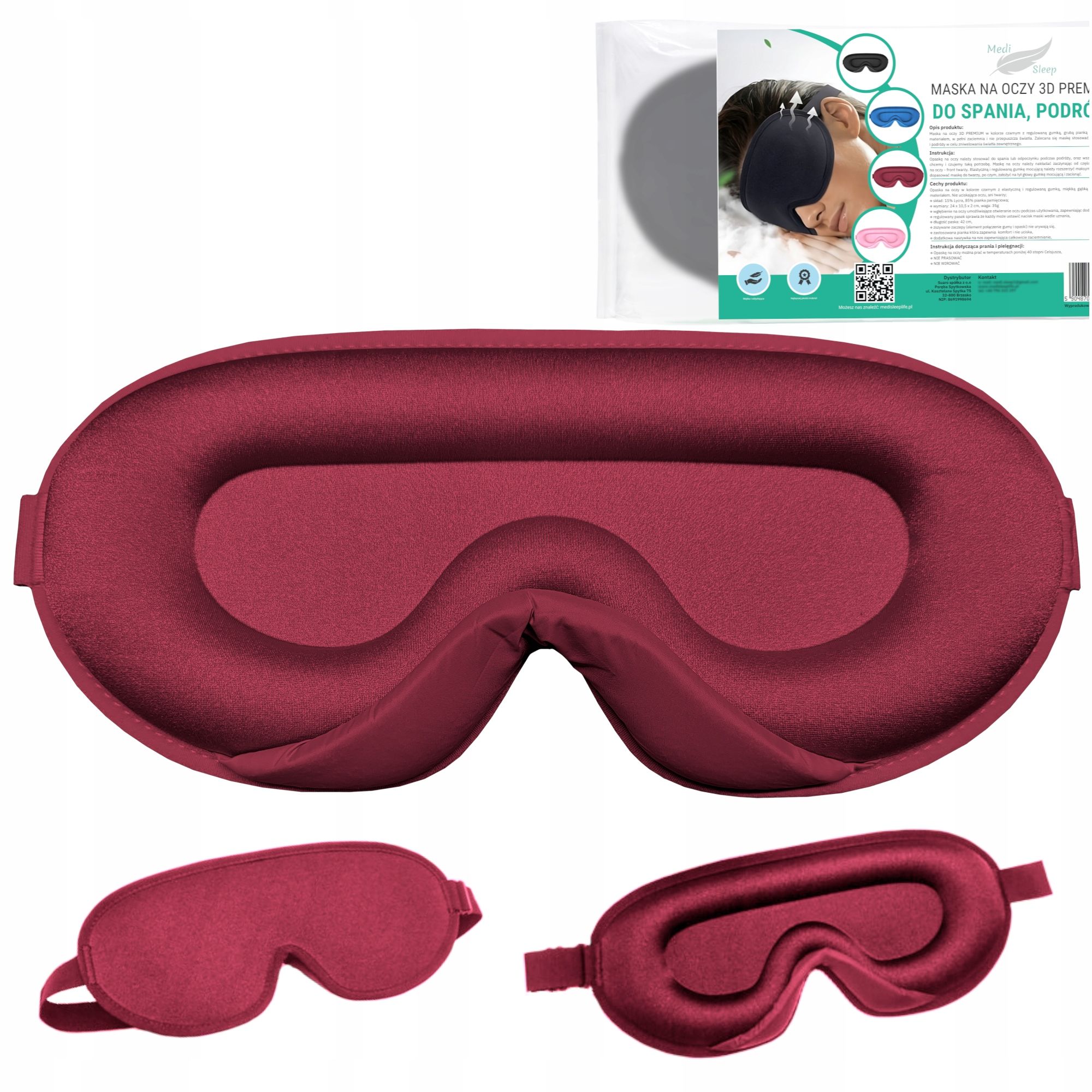 Medi Sleep 3D Schlafmaske Rot mit verstellbarem Band 1 St