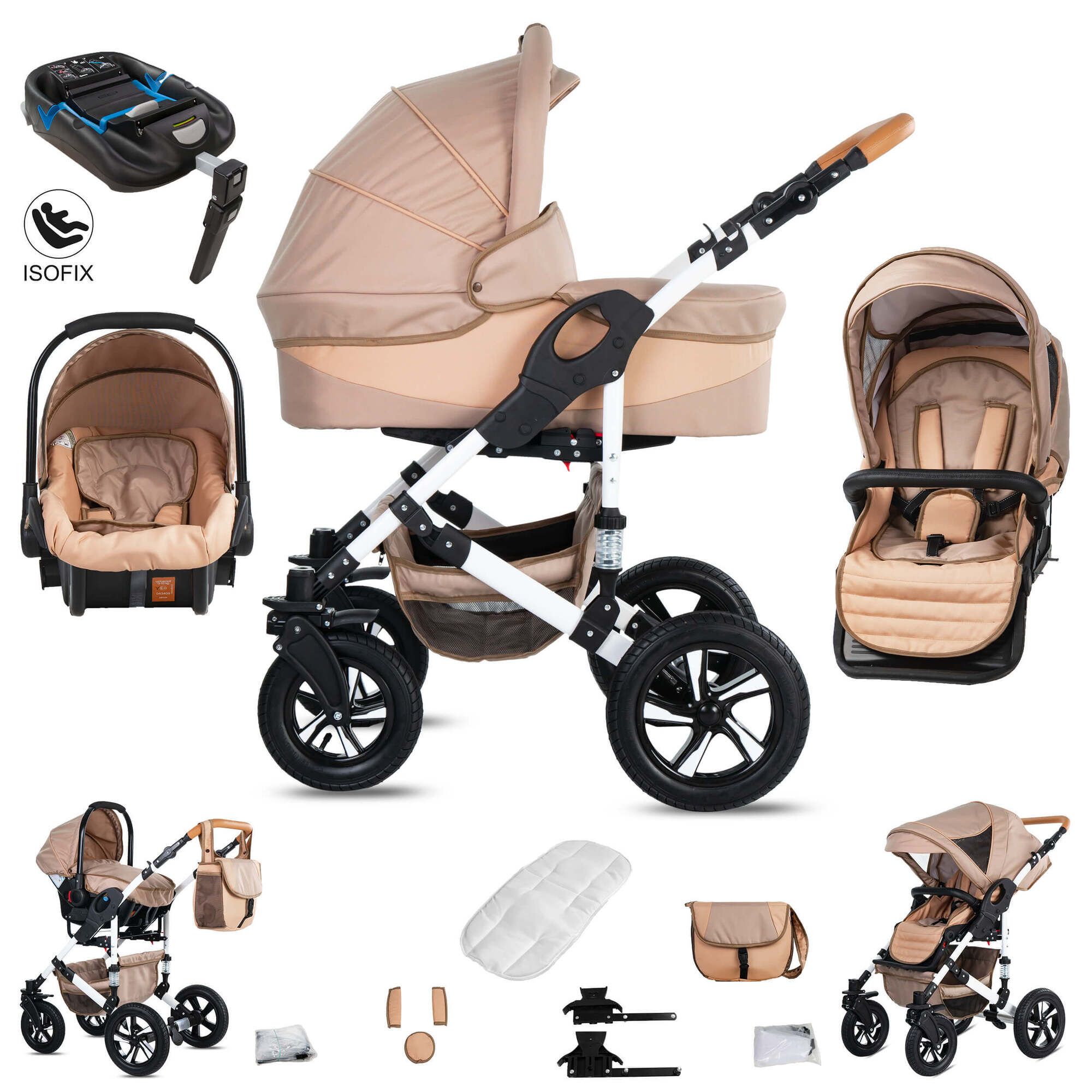 Friedrich Hugo Hamburg 4 in 1 Kinderwagen & Isofix Hartgummireifen, Beige & Oatmeal