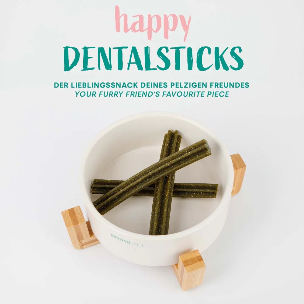 Drei grüne Dentalsticks in einer weißen Schüssel mit Holzgriffen. Text: "happy DENTALSTICKS".