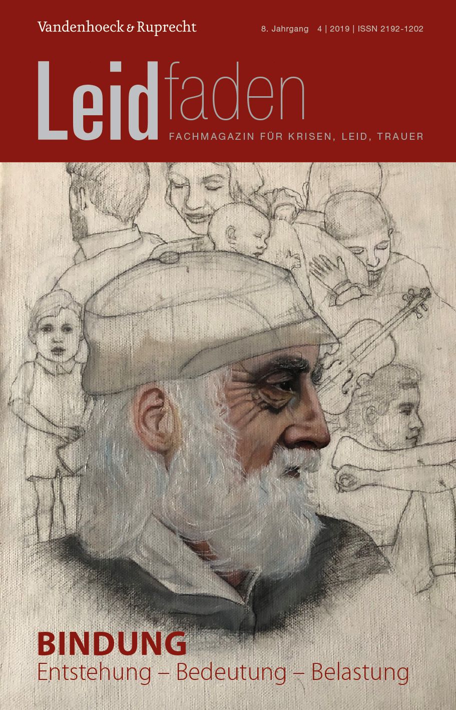 Zeitschrift "Leidfaden" mit dem Titel "Bindung". Cover mit Illustration einer alten Person und Kinderzeichnungen.