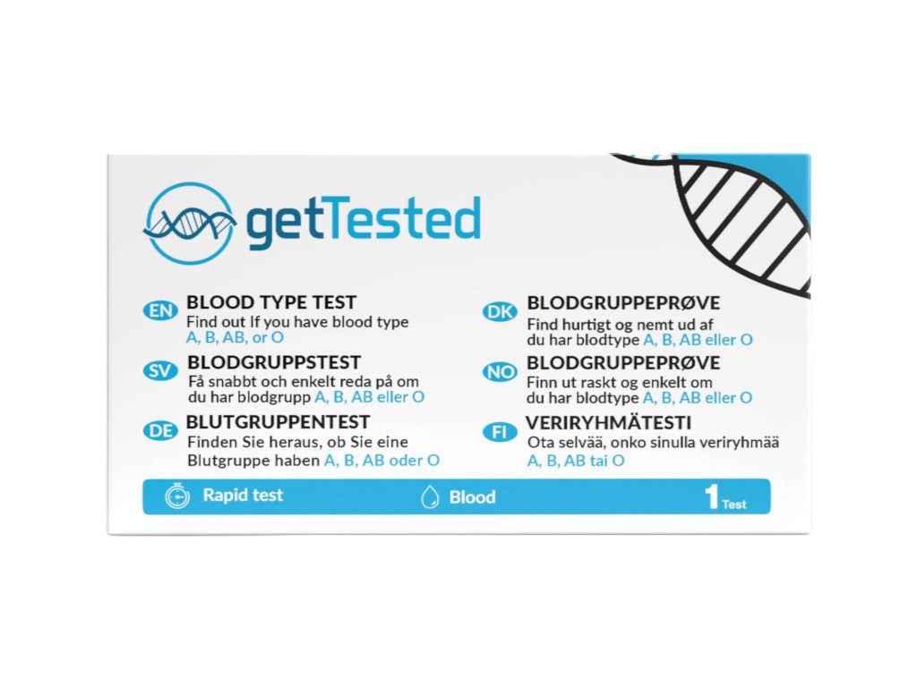 Blutgruppentest-Verpackung mit Logo und Text in verschiedenen Sprachen. Enthält einen Test.