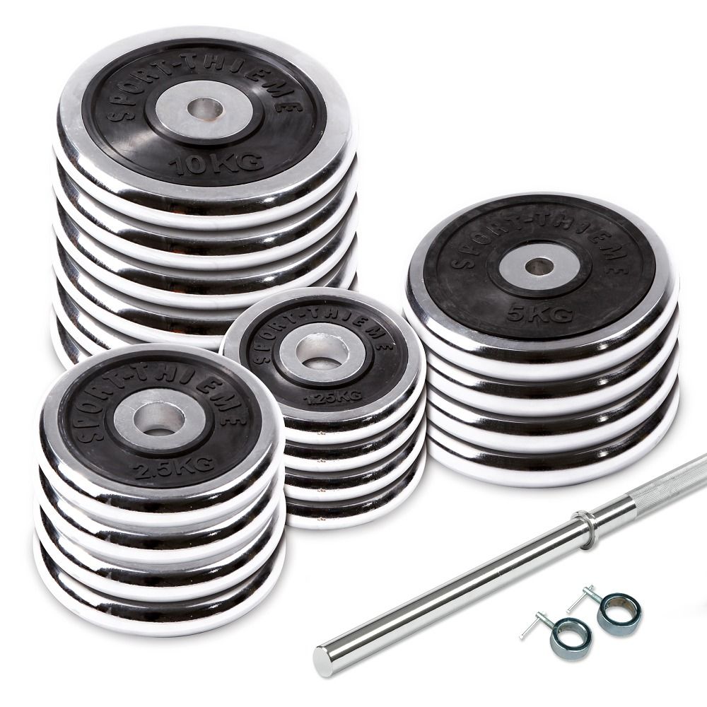 Langhantel-Set Chrom. Mehrere Gewichtsscheiben, Langhantelstange und Verschlüsse. Scheiben mit Gewichtsangabe und Logo. Chromfarbenes Metall und schwarze Elemente.