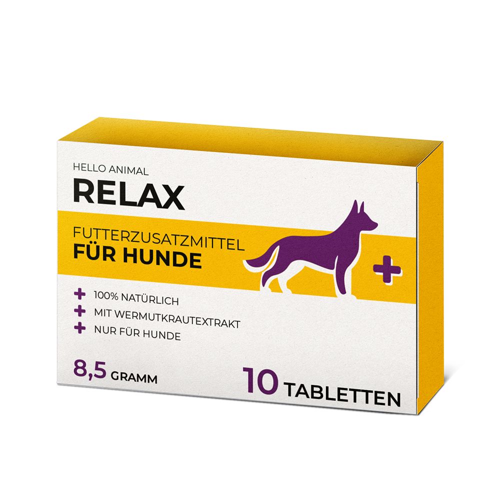 Gelbe Schachtel mit "Hello Animal Relax" und Hund-Silhouette. Enthält 10 Tabletten. Text: Futterzusatzmittel für Hunde.