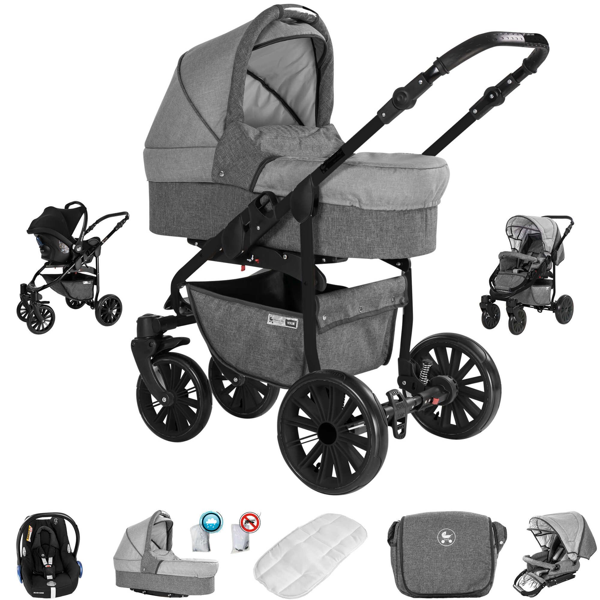 Friedrich Hugo Berlin 3 in 1 Kinderwagen mit Original Maxi Cosi, Gel Grey and Light Grey Night