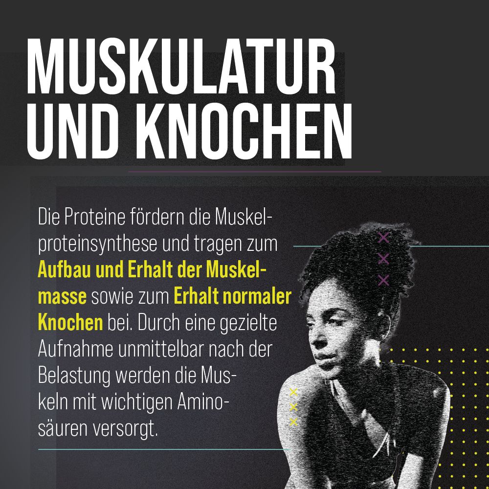 Text "MUSKULATUR UND KNOCHEN". Informationen über Proteine für Muskelaufbau und Knochenerhalt. Bild einer Frau.