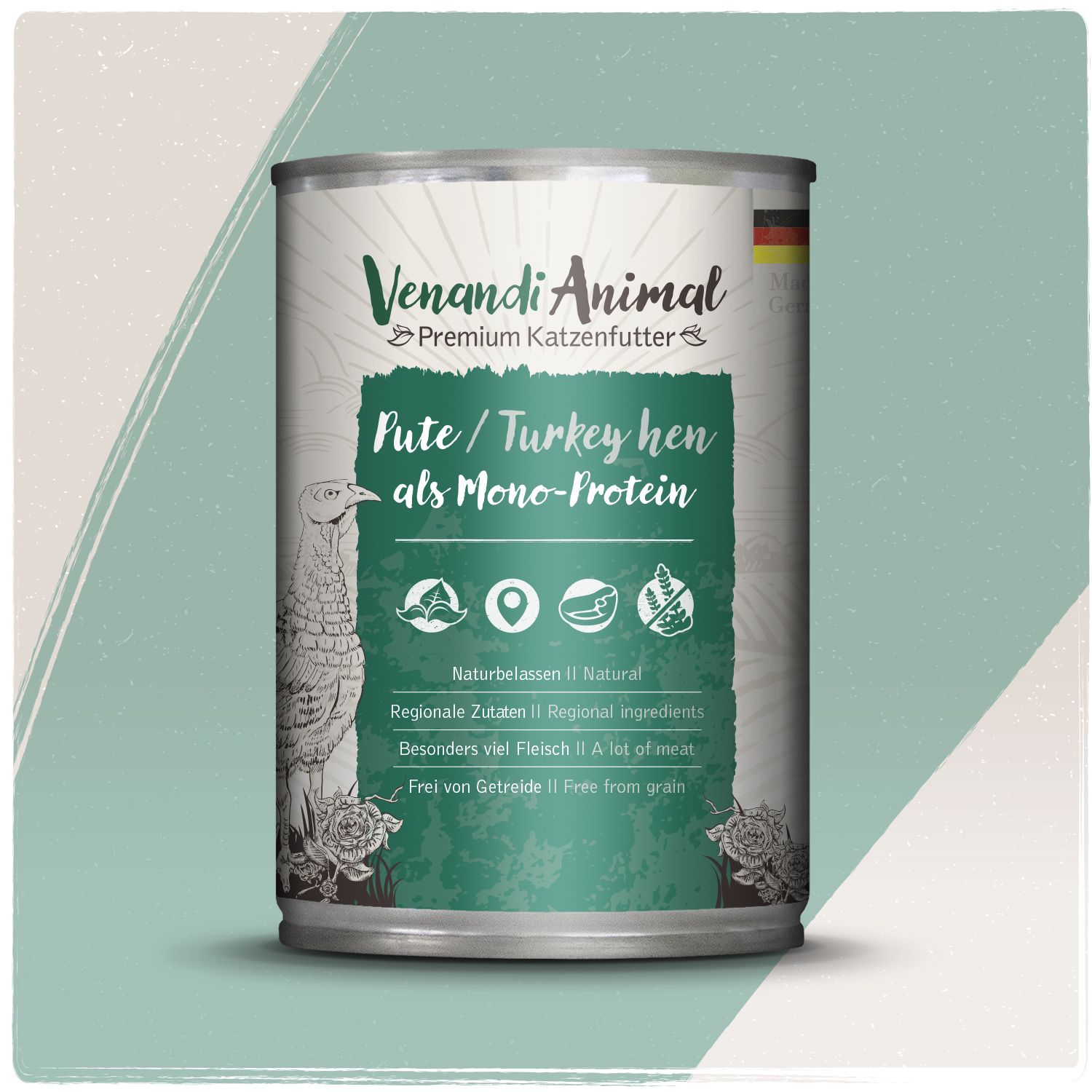 Dose Venandi Animal Premium Katzenfutter Pute als Mono-Protein. Mit Putenabbildung und Siegeln.