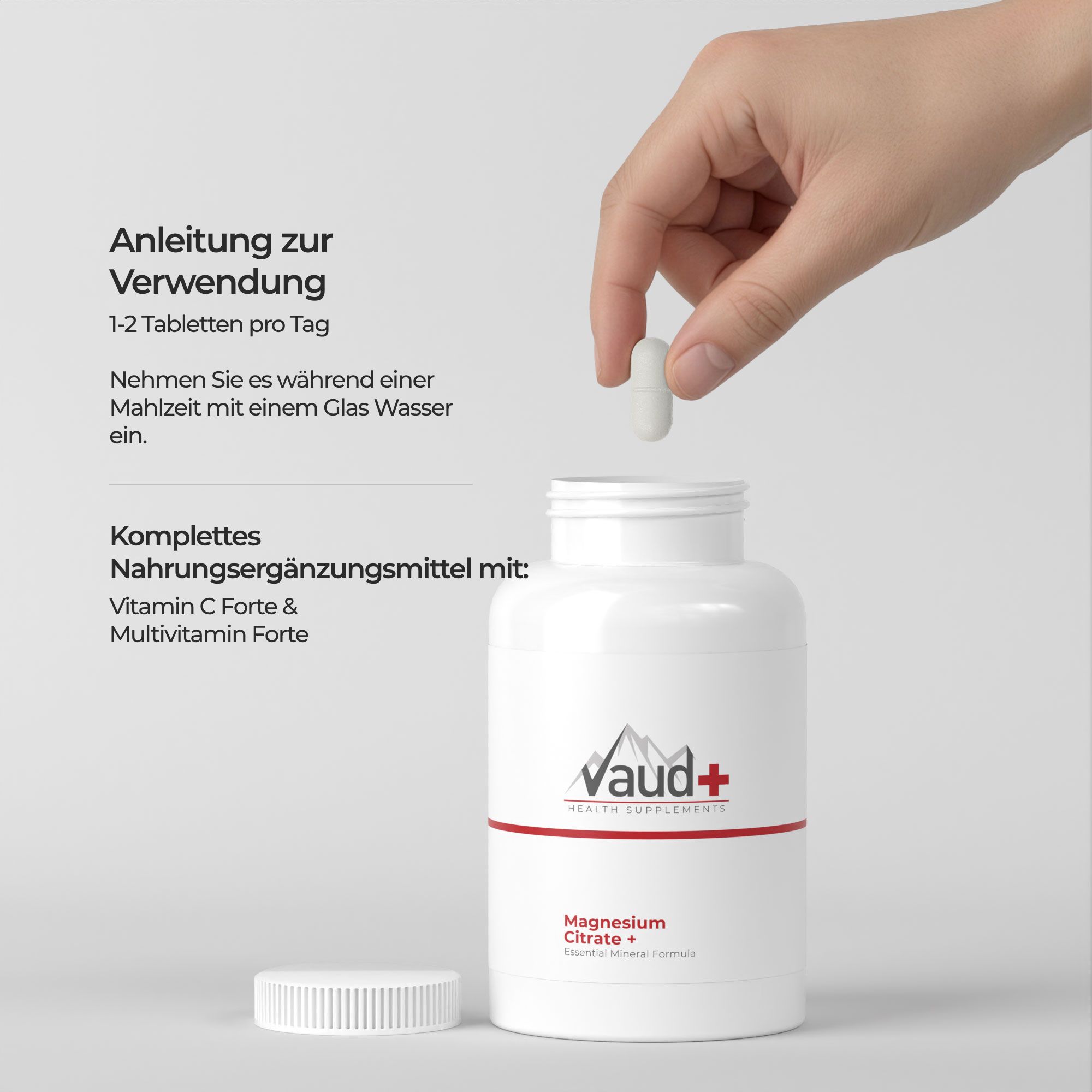 Hand legt Tablette in eine weiße Flasche. Text: Anleitung zur Verwendung. Nahrungsergänzungsmittel.