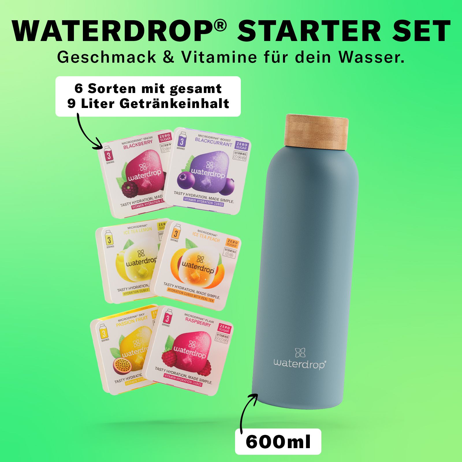 waterdrop® Starter Set Steel – 600ml Thermoflasche + 18 Würfel – Vitamine, vegan, zuckerfrei