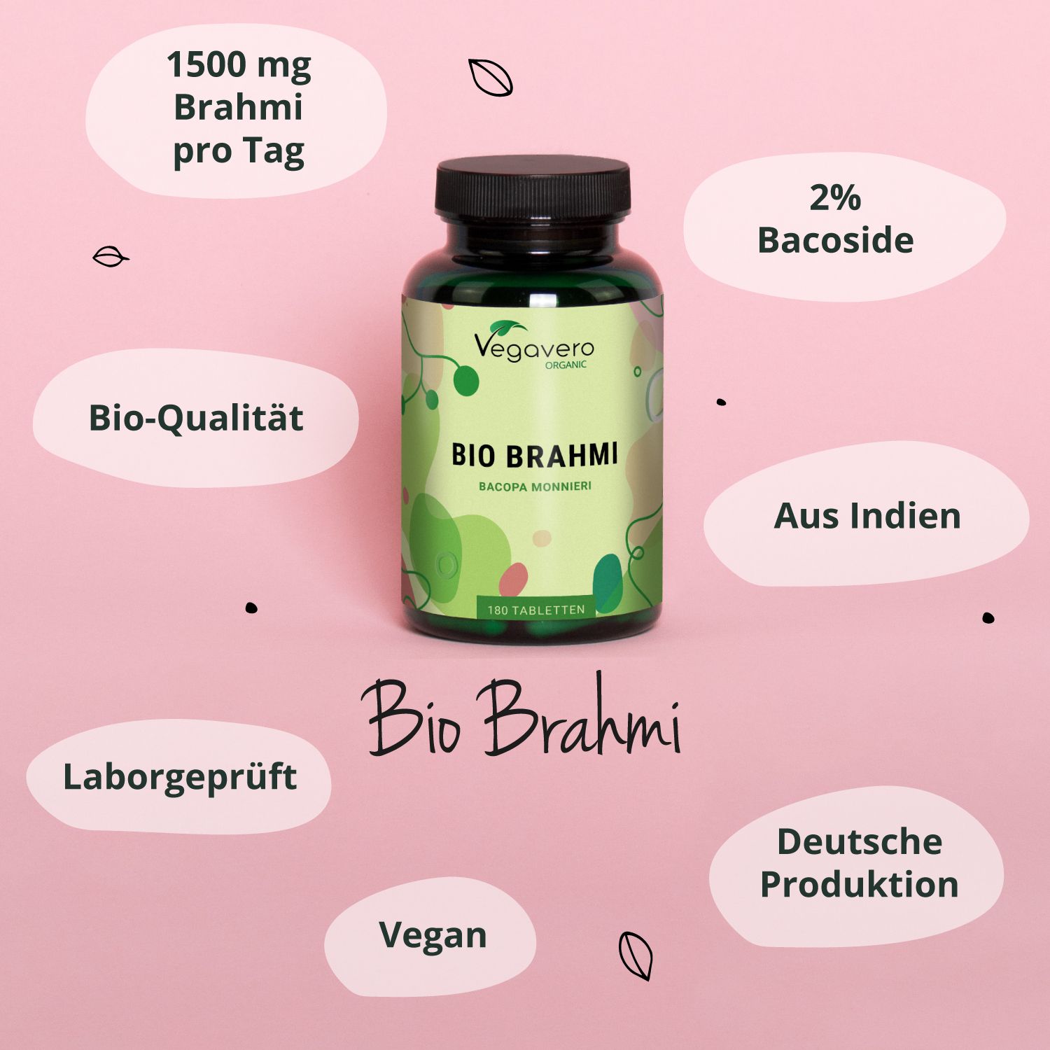 Flasche BIO BRAHMI auf rosa Hintergrund. Text: 1500 mg Brahmi pro Tag, 2% Bacoside, Bio-Qualität, vegan.