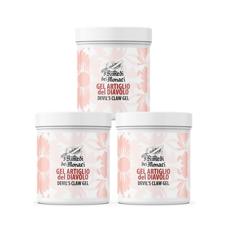 Drei weiße Tiegel mit rosa floralem Muster. Aufschrift: GEL ARTIGLIO del DIAVOLO, DEVIL'S CLAW GEL. Marke: I Rimedi dei Monaci.