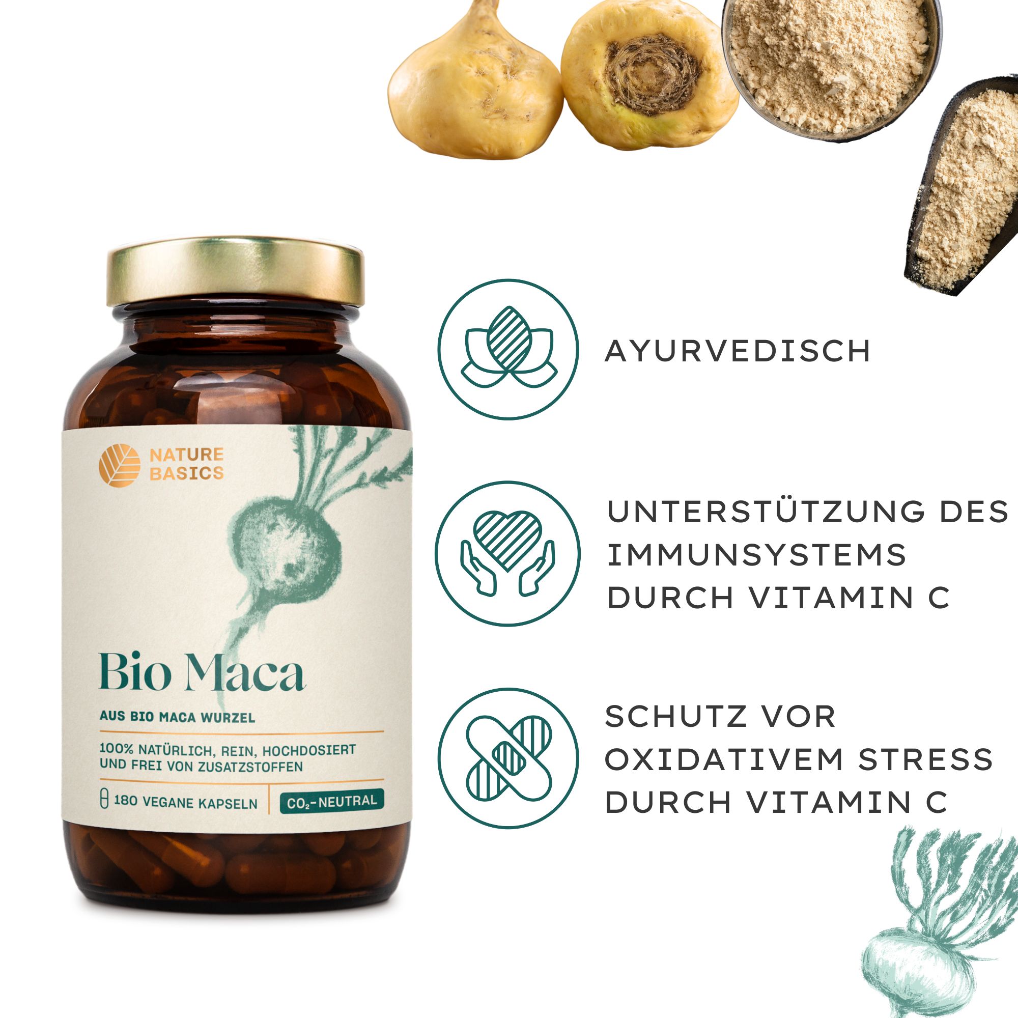 Braune Glasflasche mit Kapseln. Aufschrift: Bio Maca, 180 vegane Kapseln. Illustrationen von Maca-Wurzeln und Blättern.