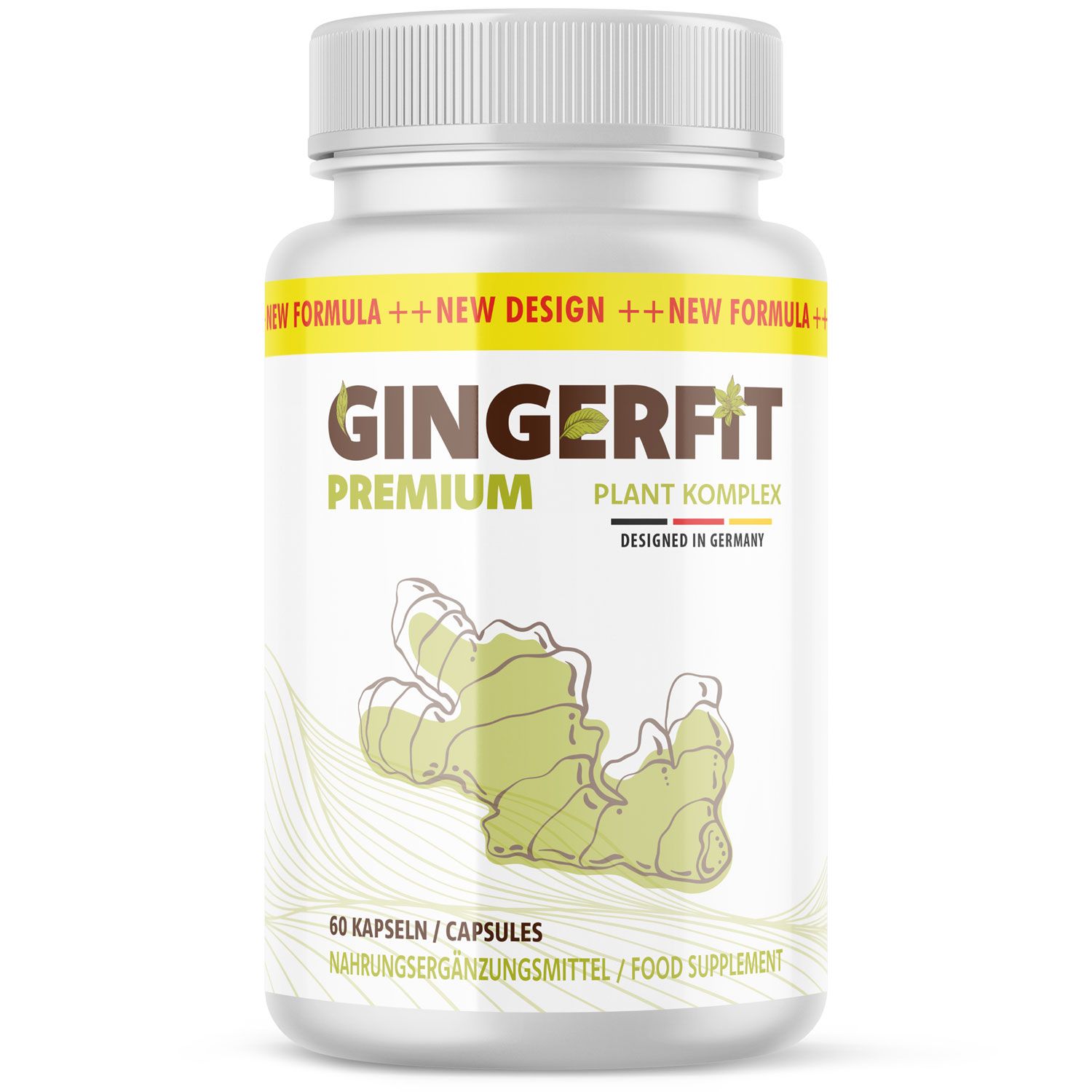 Weiße Flasche mit gelbem Etikett. Aufschrift: GINGERFIT PREMIUM, Pflanzenkomplex. Enthält 60 Kapseln. Abbildung einer Ingwerwurzel.