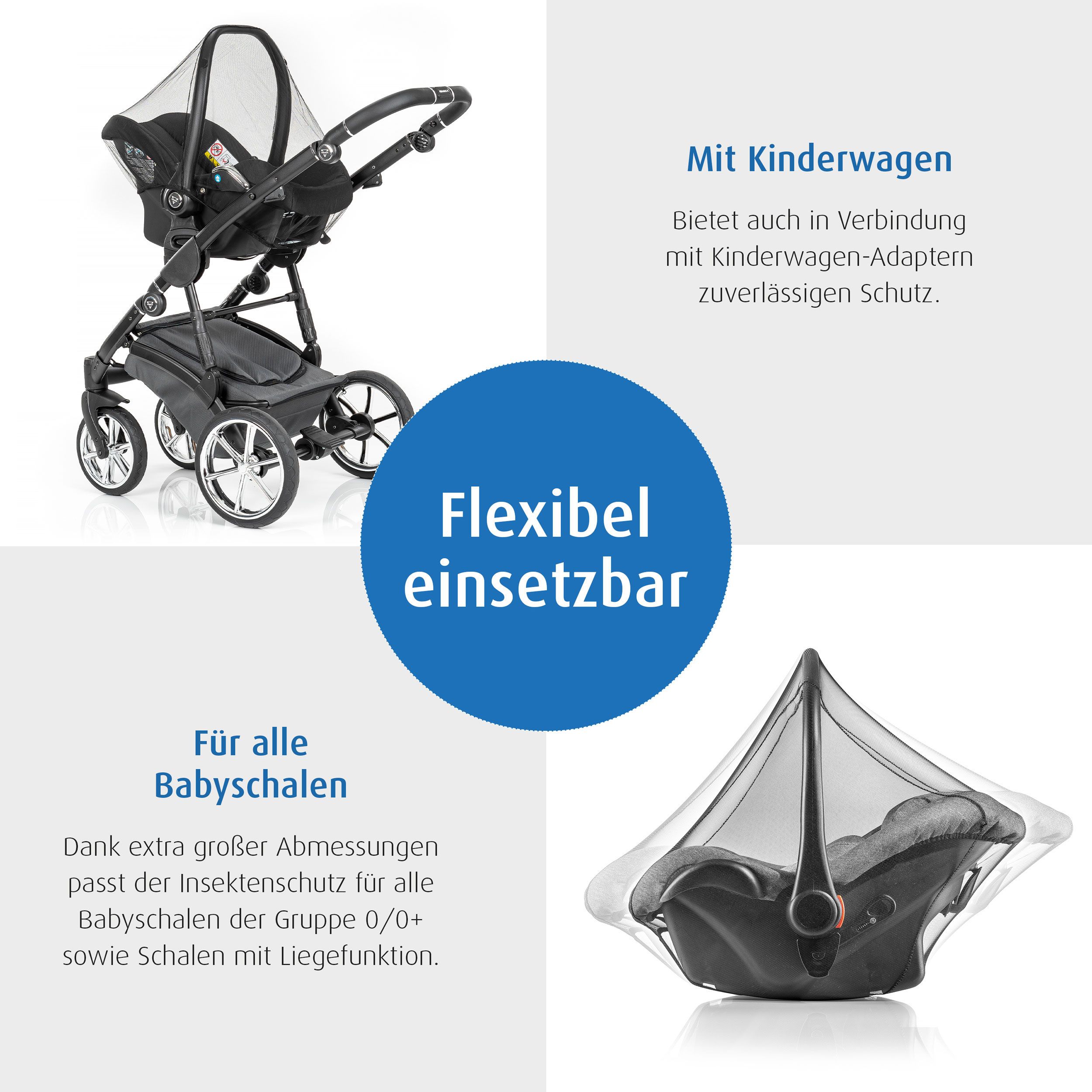Babyschale mit Insektenschutznetz. Kinderwagen mit Babyschale. Frau mit Kinderwagen. Schwarzes Netz.