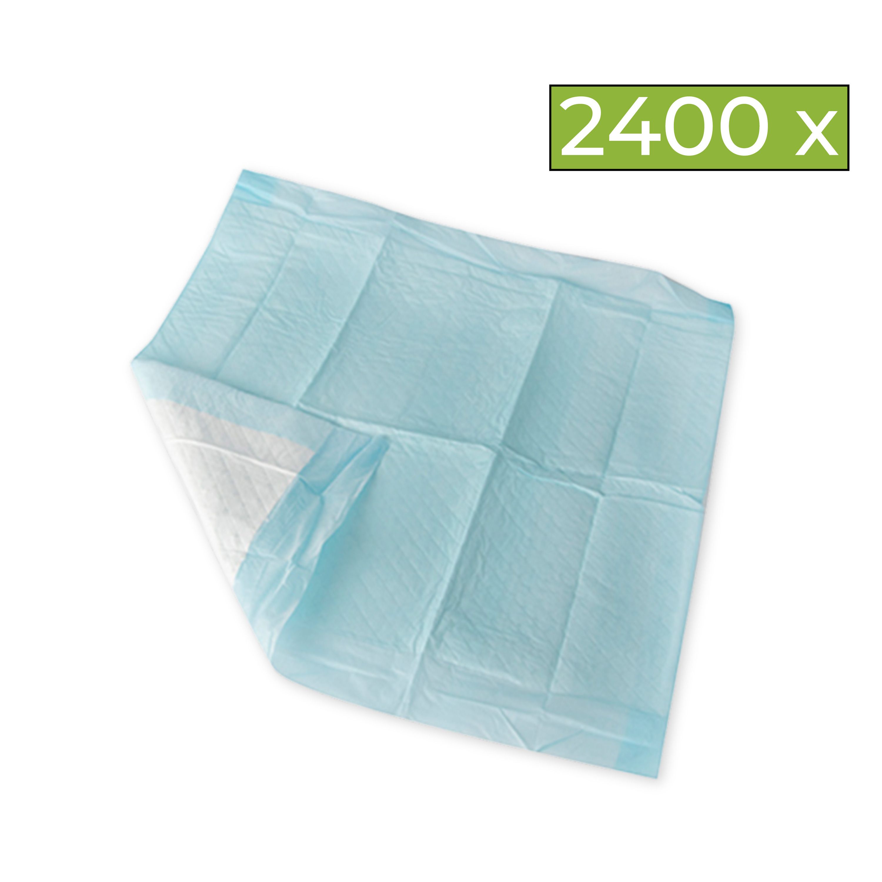 Blaue Krankenunterlage, quadratisch, mit weißer Innenseite. Text: 2400 x.