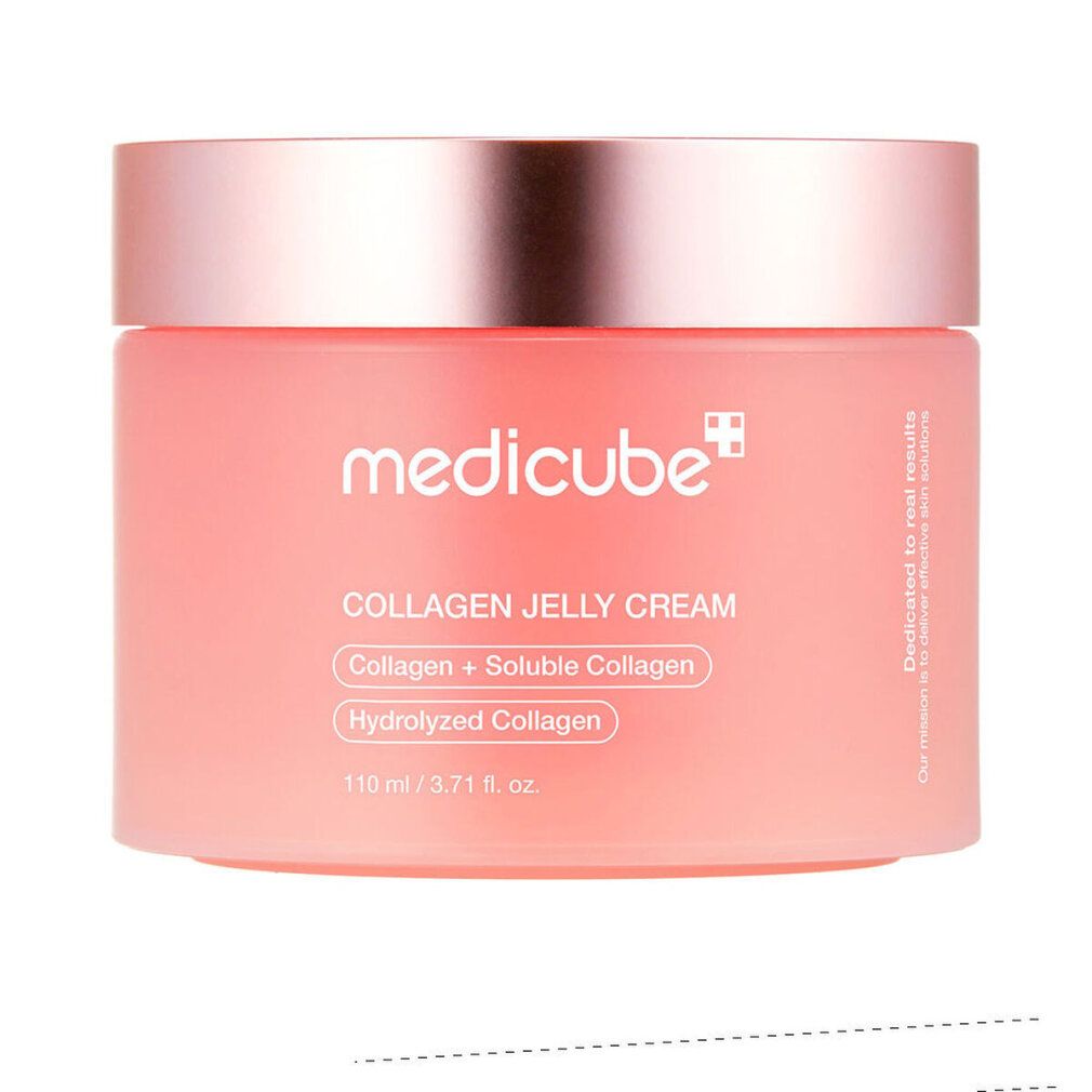 Nahaufnahme des rosa Medicube Collagen Jelly Cream Tiegels mit dem Produktnamen und Inhaltsstoffen auf dem Etikett.