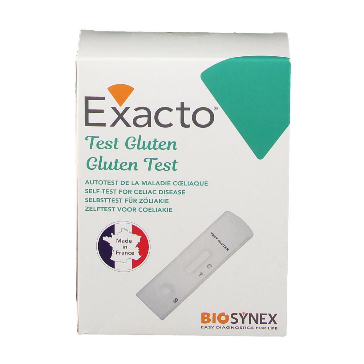 Exacto® Gluten Test-Verpackung. Weißer Karton mit Produktnamen und Teststreifen. Biosynex-Logo und französisches Herstellungslogo.