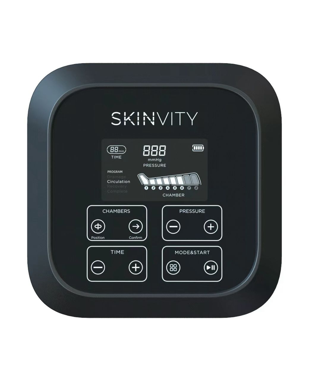 Schwarze Steuereinheit mit Touchscreen-Display. Zeigt 'SKINVITY', Zeit, Druck und Kammerstatus an. Bietet Bedienelemente für Programm, Kammern, Zeit und Modus.