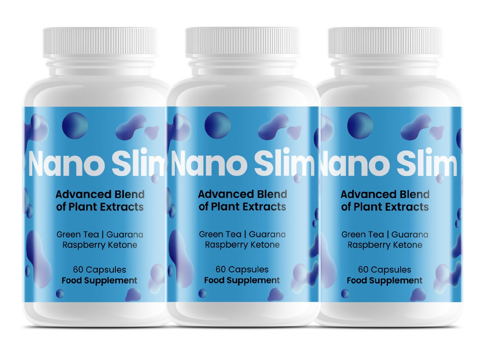 Drei weiße Flaschen mit blauem Etikett. Aufschrift: Nano Slim, Advanced Blend of Plant Extracts, 60 Capsules, Food Supplement.