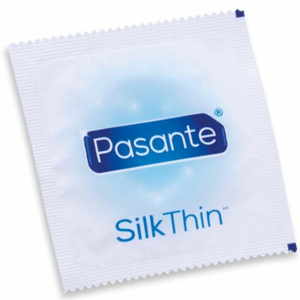 Quadratische Verpackung von Pasante Silk Thin Kondomen. Weiß mit blauem Logo.