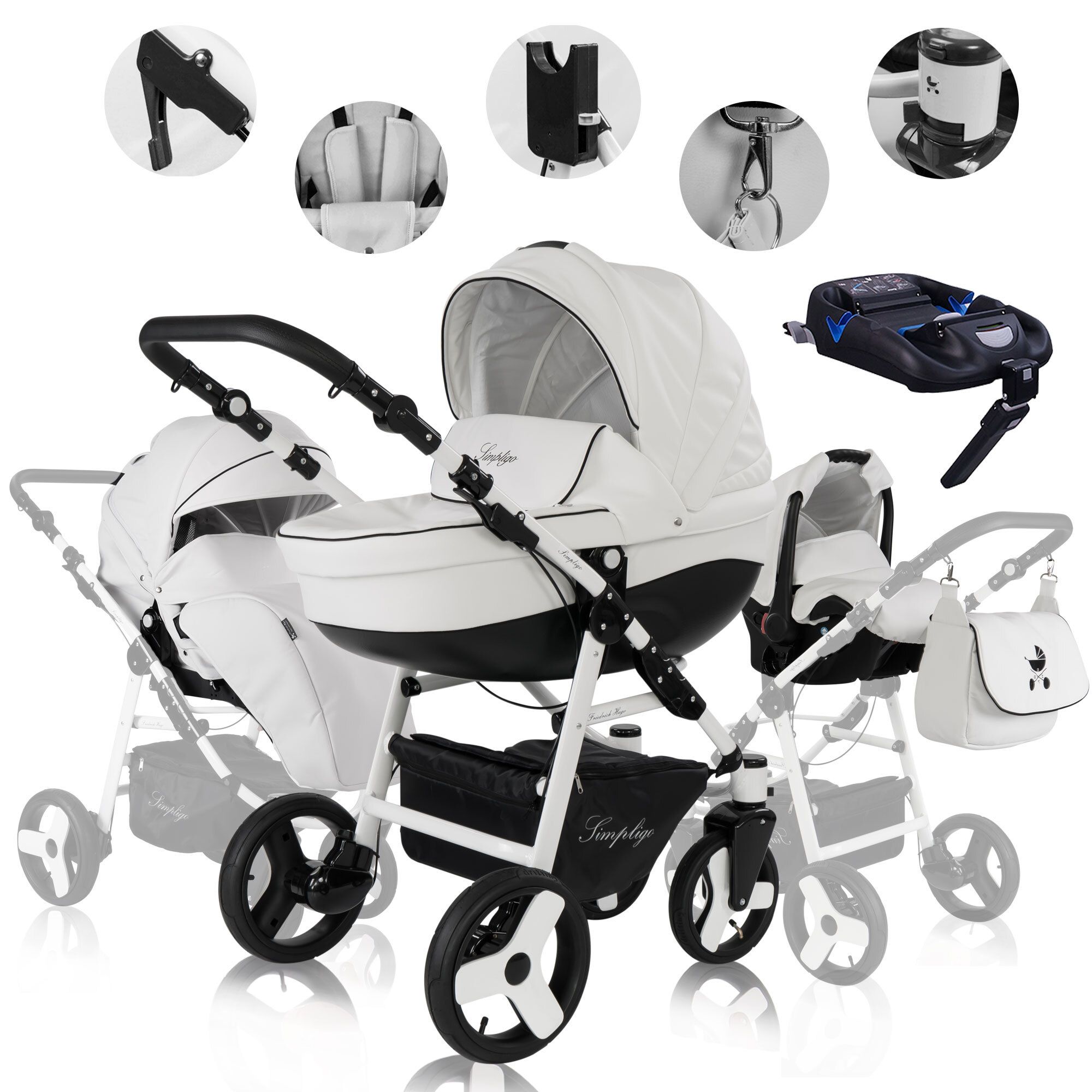 Friedrich Hugo Simpligo 4 in 1 Kinderwagen Komplettset ISOFIX Basis Luftreifen, Weiß (Kunstleder)